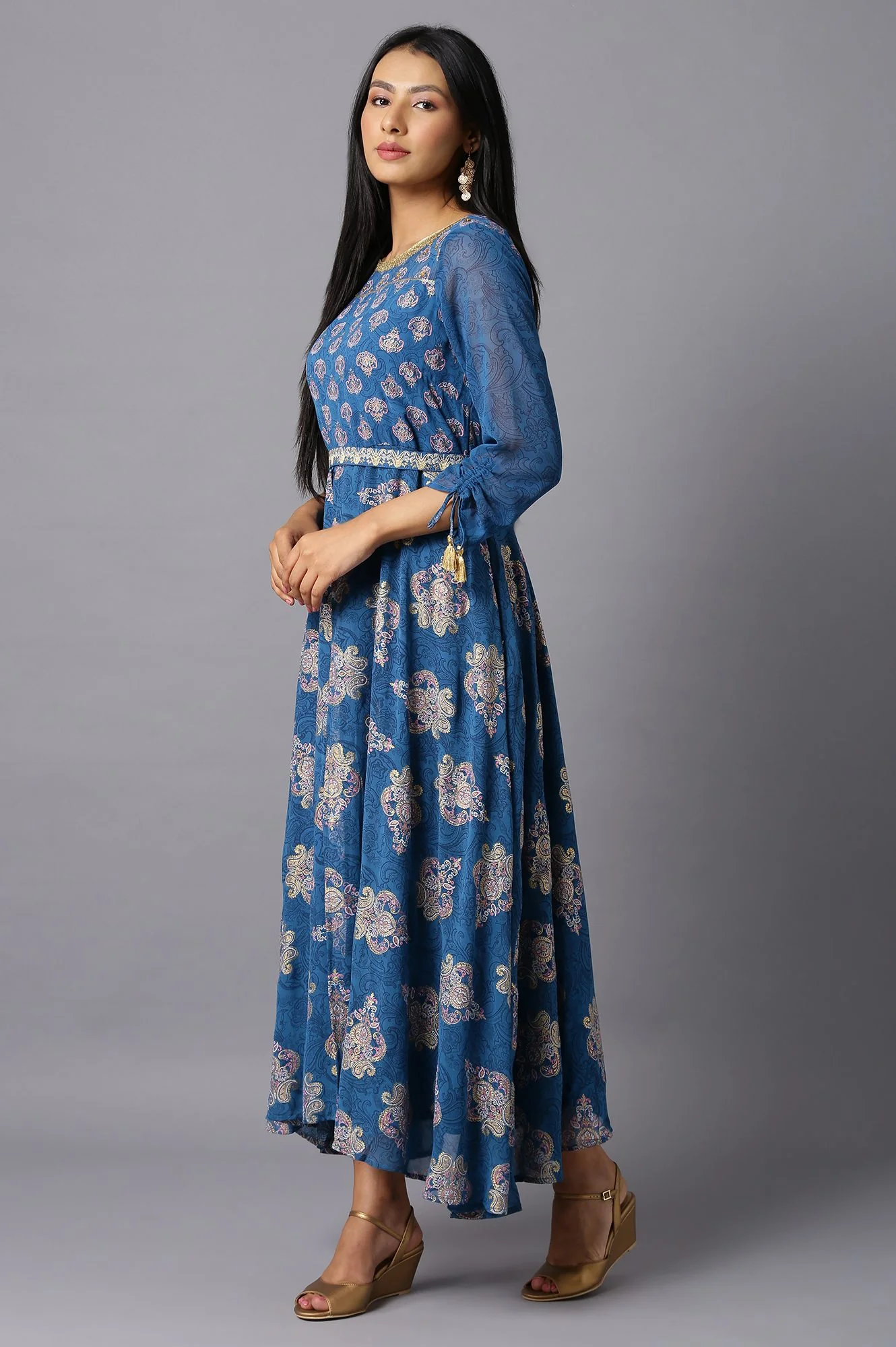 Blue Floral Printed Dress - Image 3