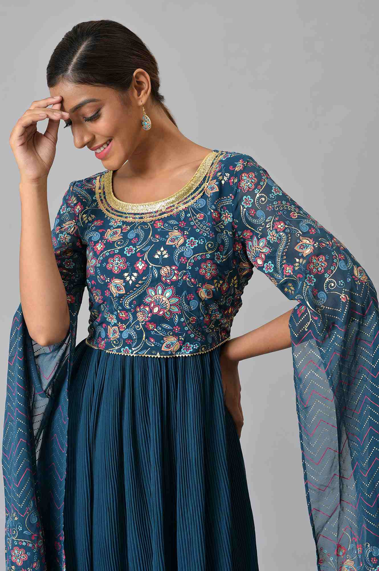 Blue Floral Printed Fairy kurta - Image 6