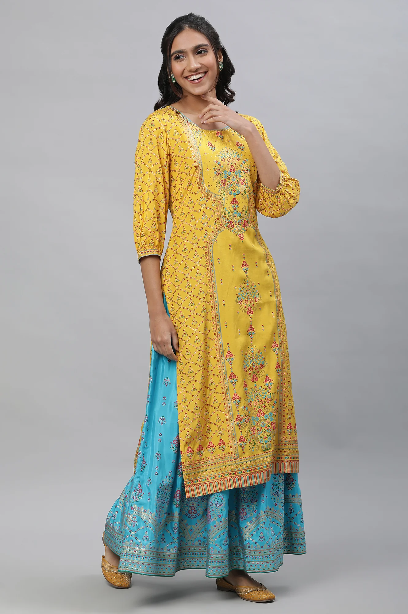 Blue Floral Printed Gathered Festive Skirt - Image 5
