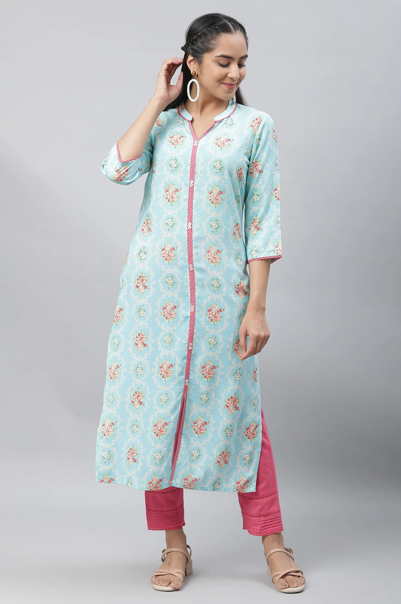 Blue Floral Printed Lace Kurta - Image 2