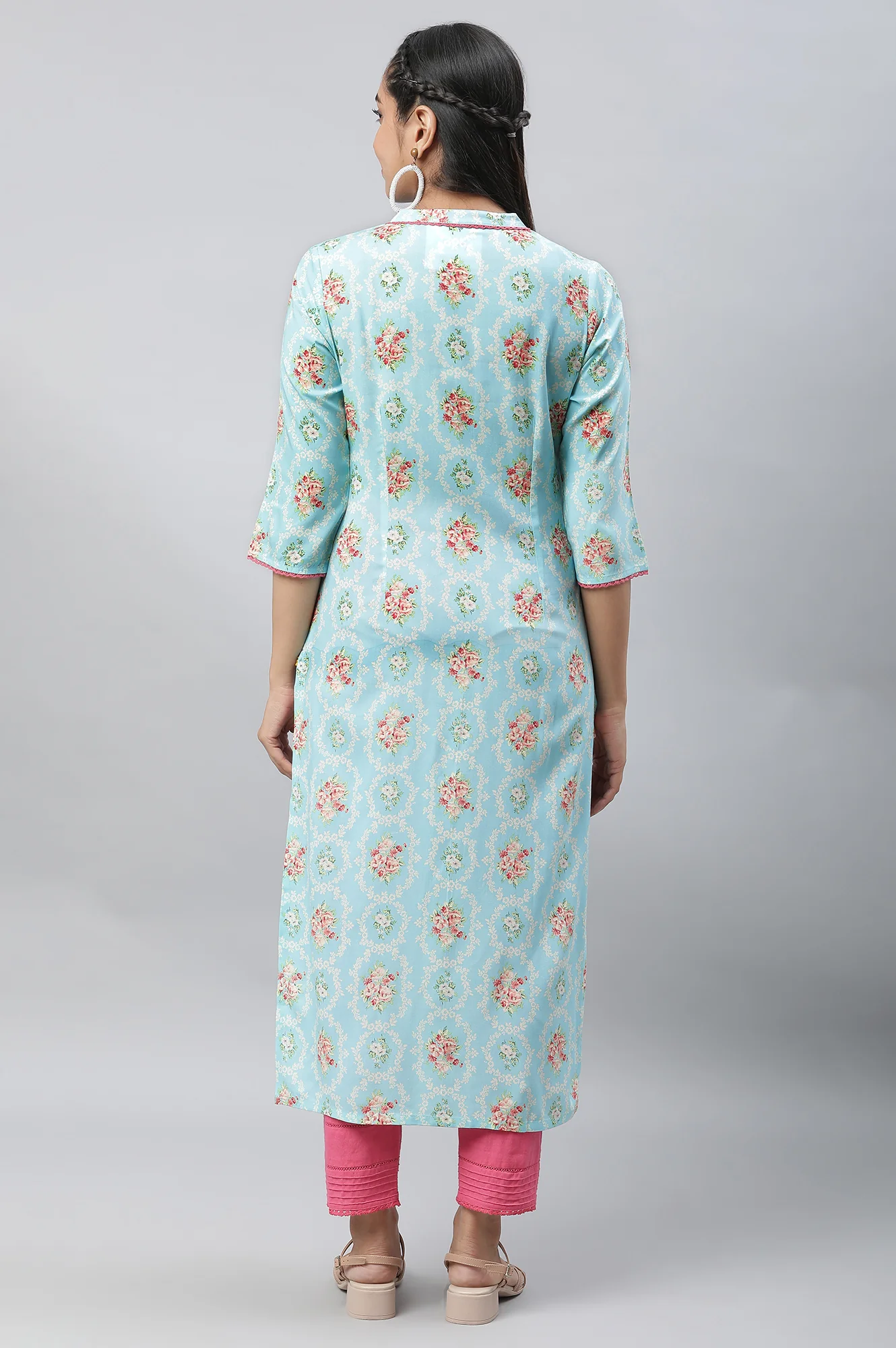 Blue Floral Printed Lace Kurta - Image 4