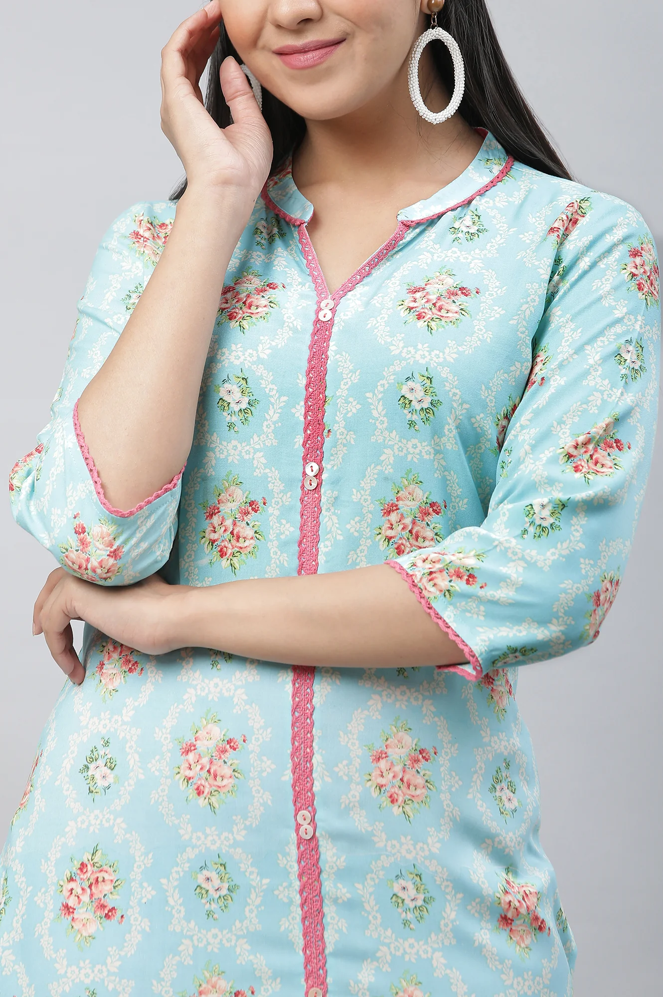 Blue Floral Printed Lace Kurta - Image 6