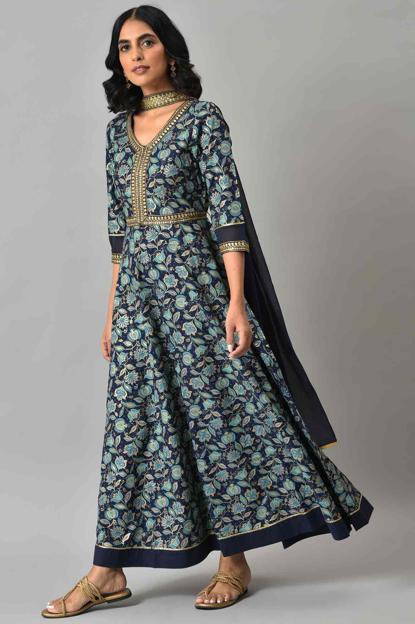 Blue Floral Printed with Zari Embroidery LIVA Dress and Dupatta - Image 3