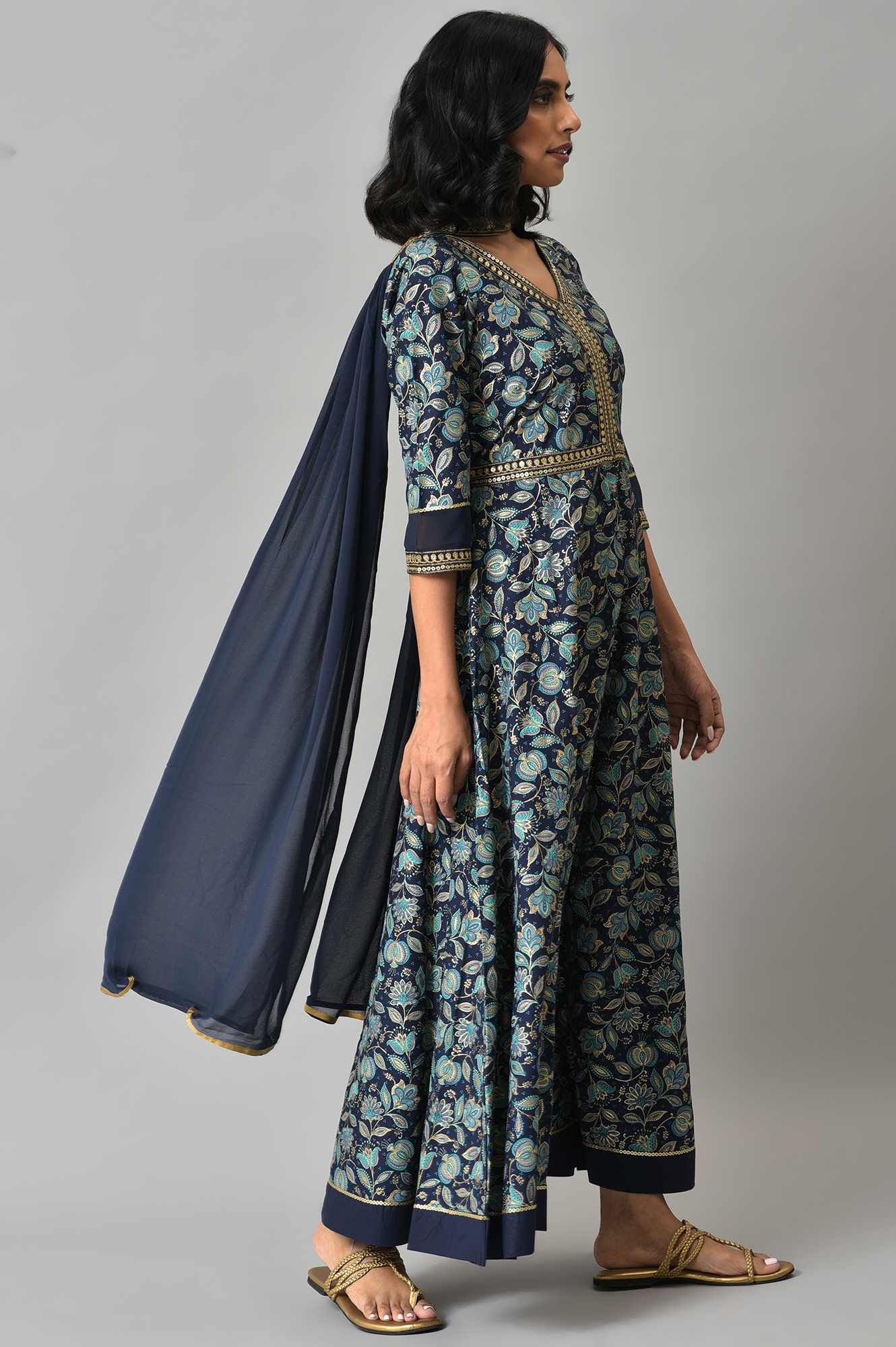 Blue Floral Printed with Zari Embroidery LIVA Dress and Dupatta - Image 4