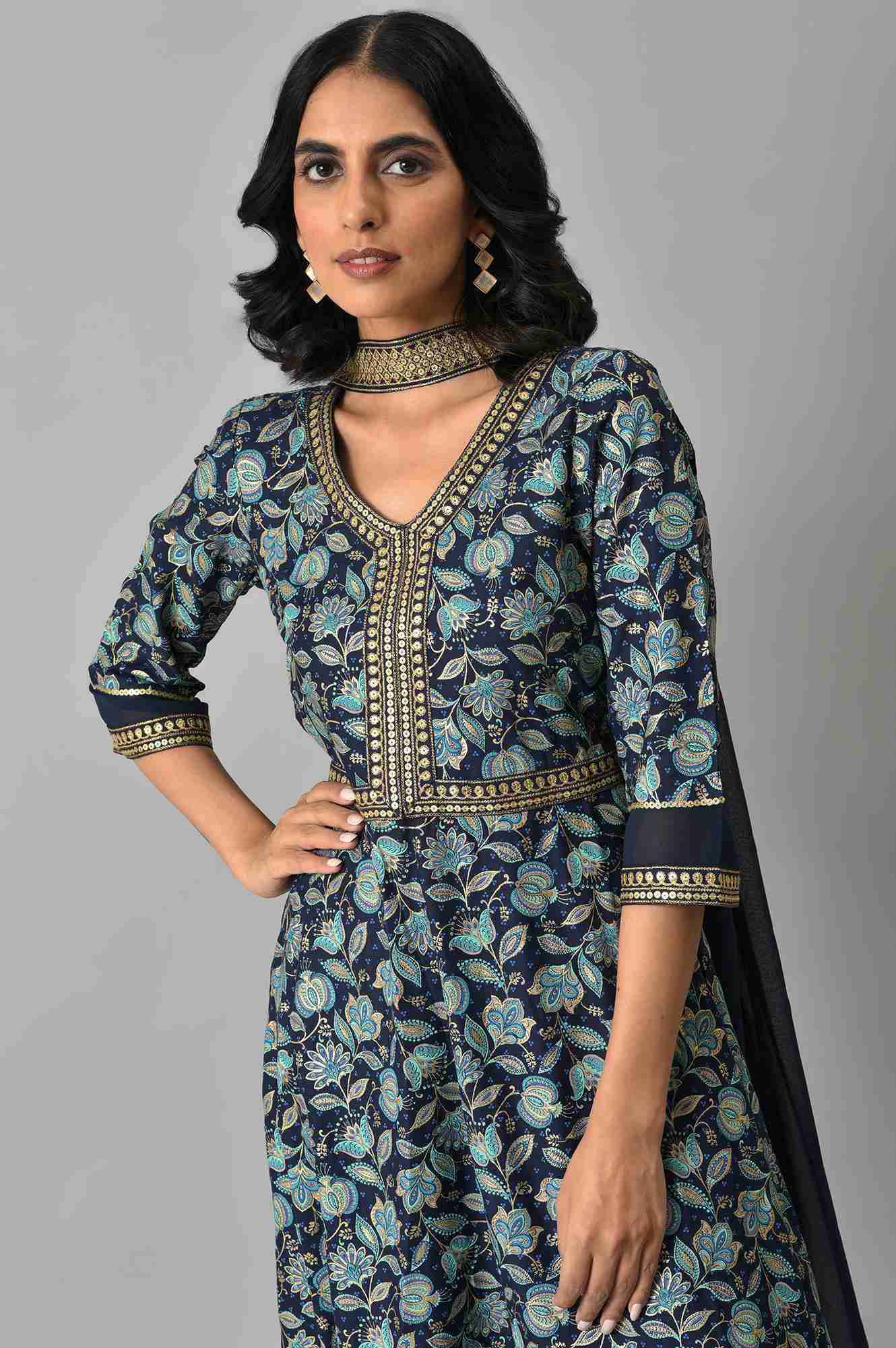 Blue Floral Printed with Zari Embroidery LIVA Dress and Dupatta - Image 5