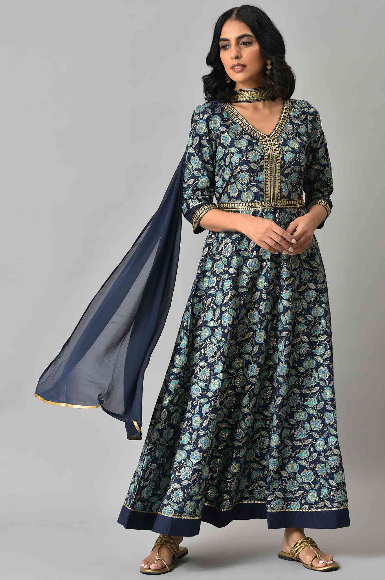 Blue Floral Printed with Zari Embroidery LIVA Dress and Dupatta - Image 6