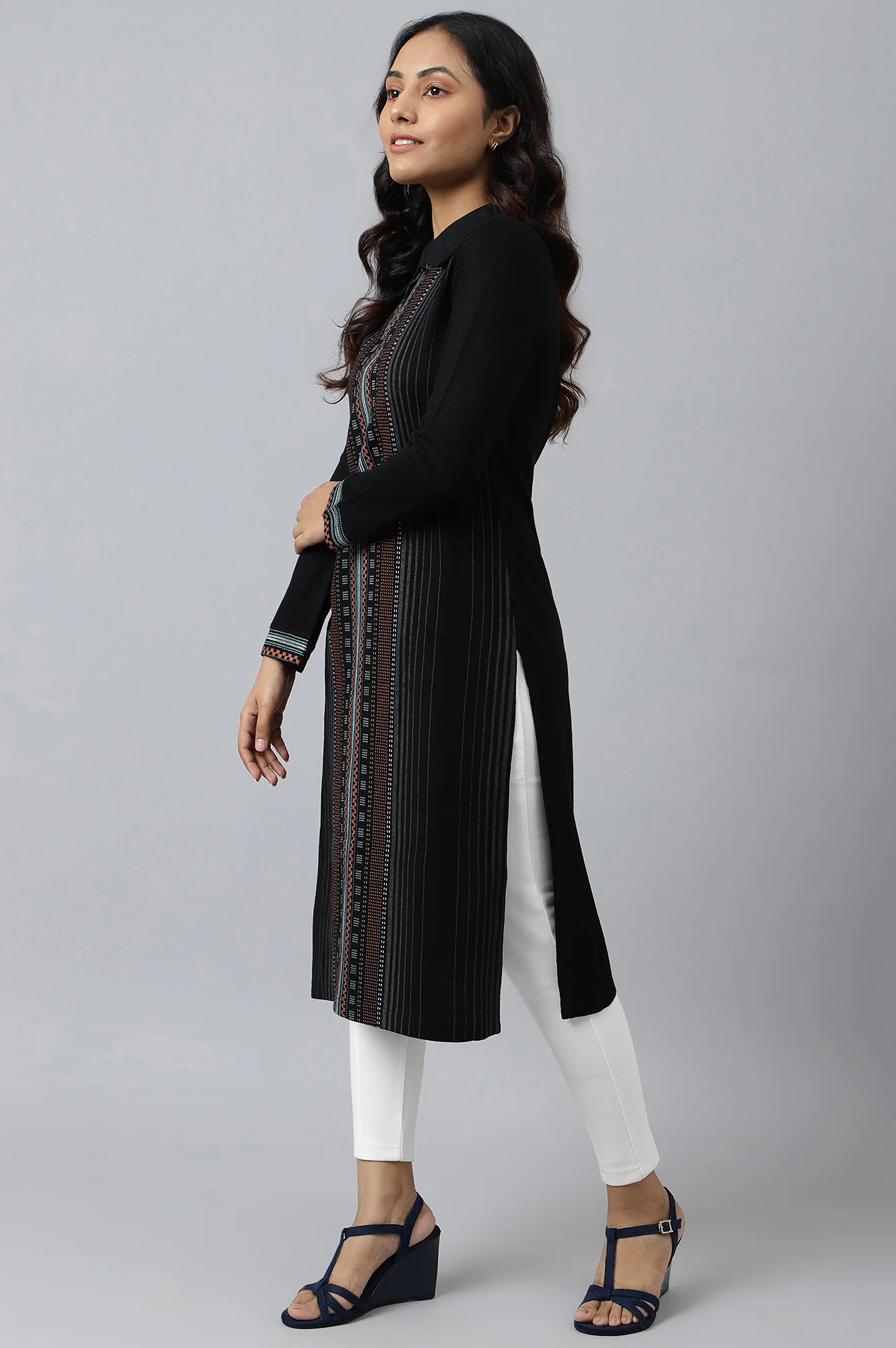 Yellow Placement Print kurta with Embroidery - Image 3