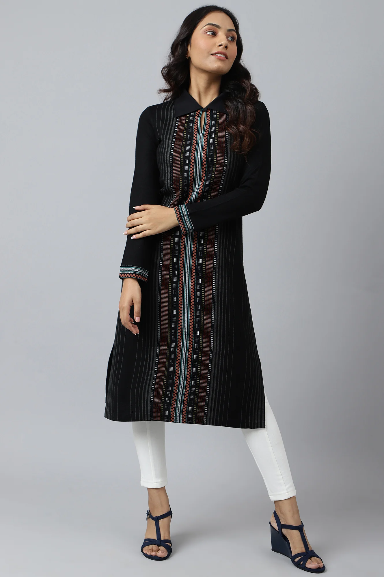Yellow Placement Print kurta with Embroidery - Image 5
