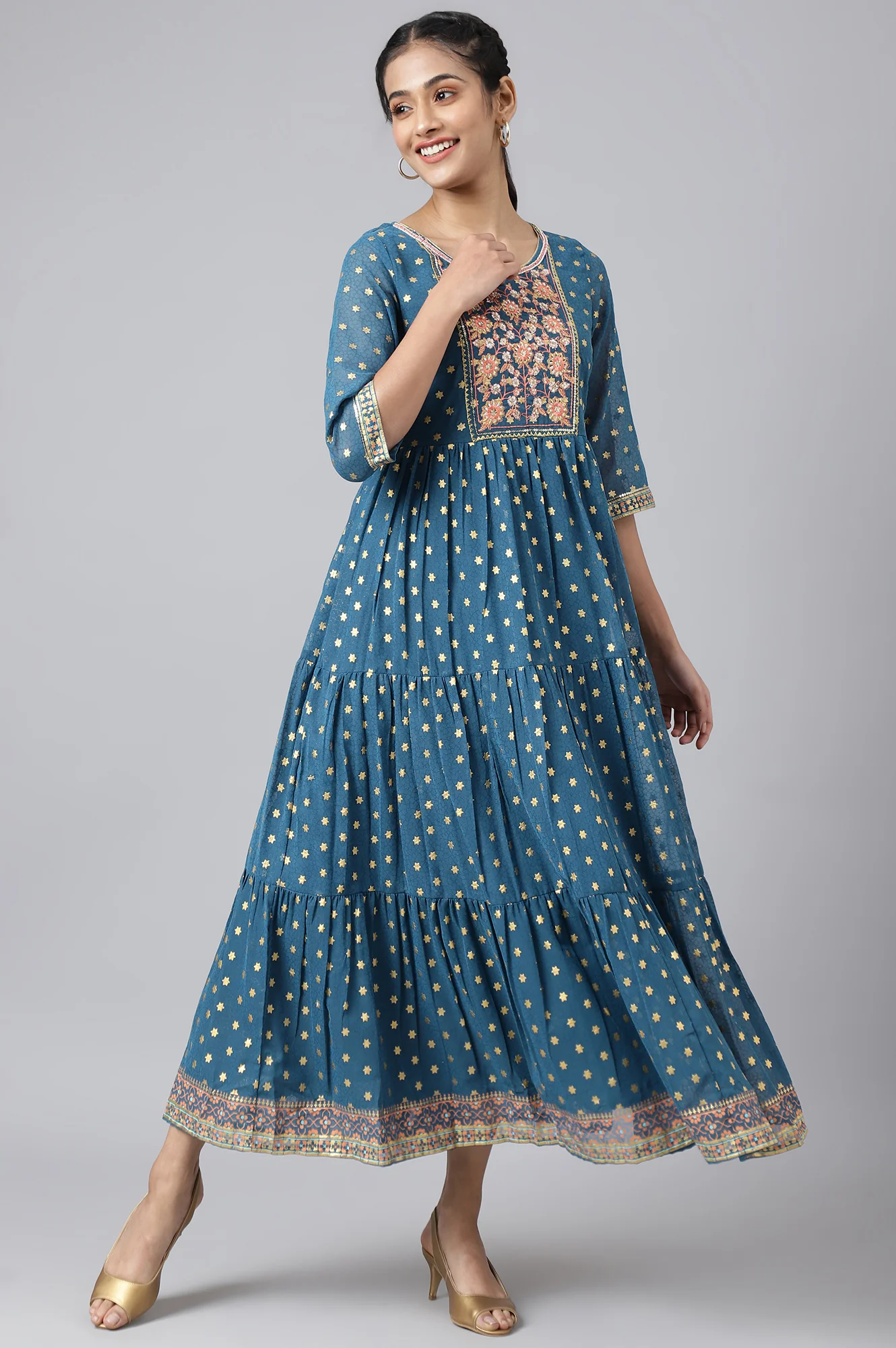 Blue Full Length Tiered Dress Embellished with Sequins - Image 5
