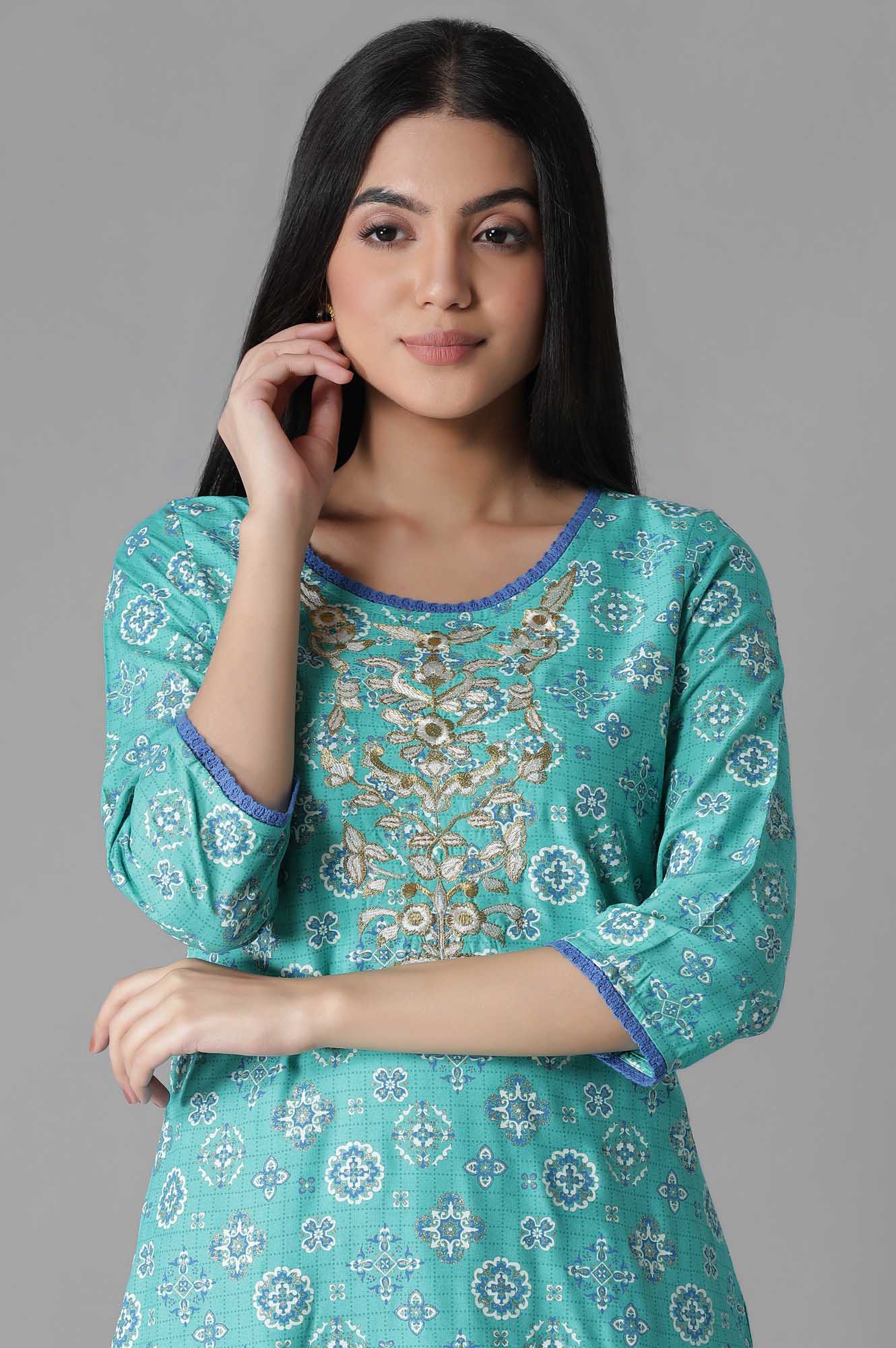 Blue Glittered Geometric Print kurta Trousers Set - Image 5