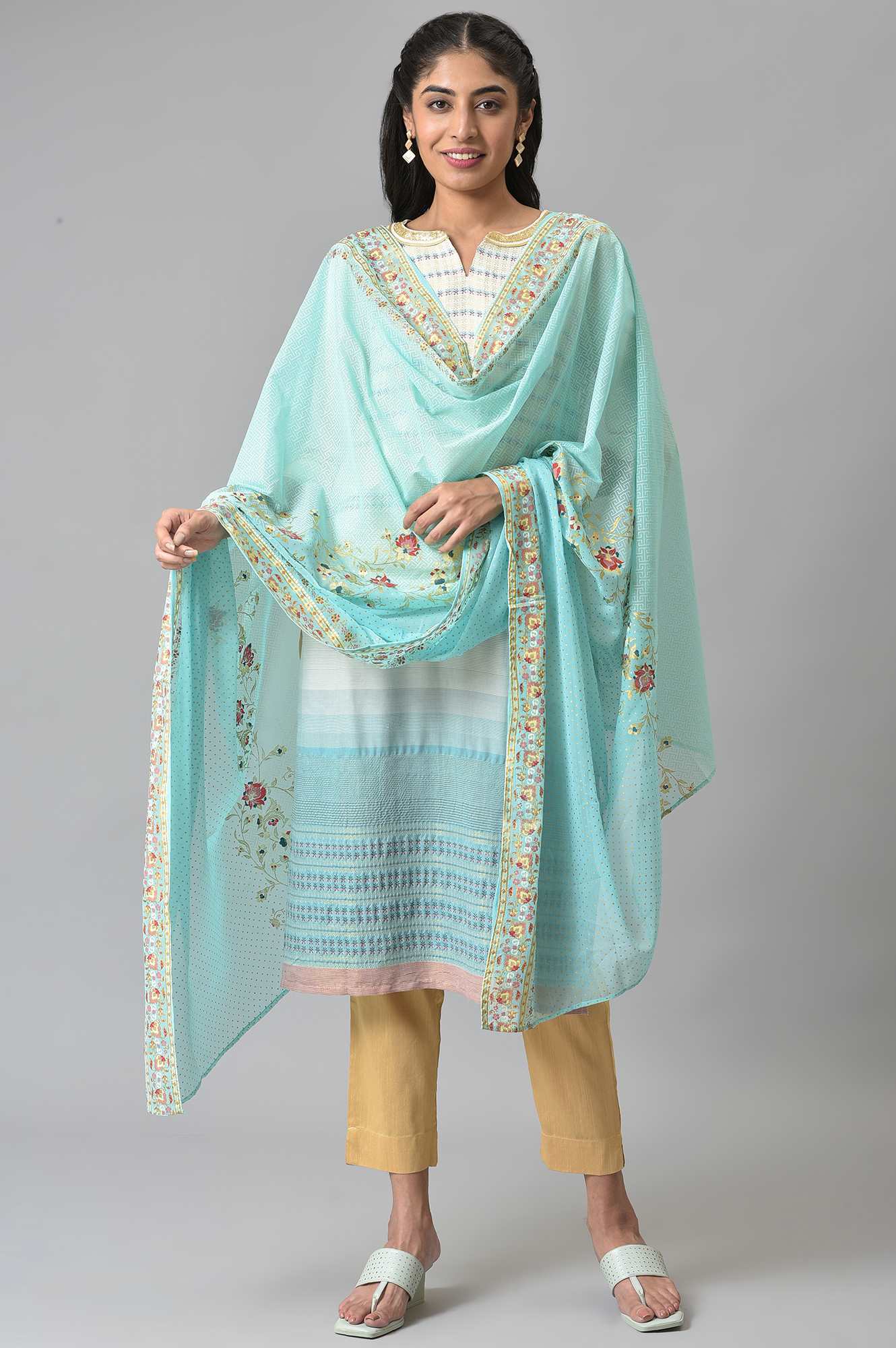 Blue Placement Print Silver Chiffon Dupatta - Image 2