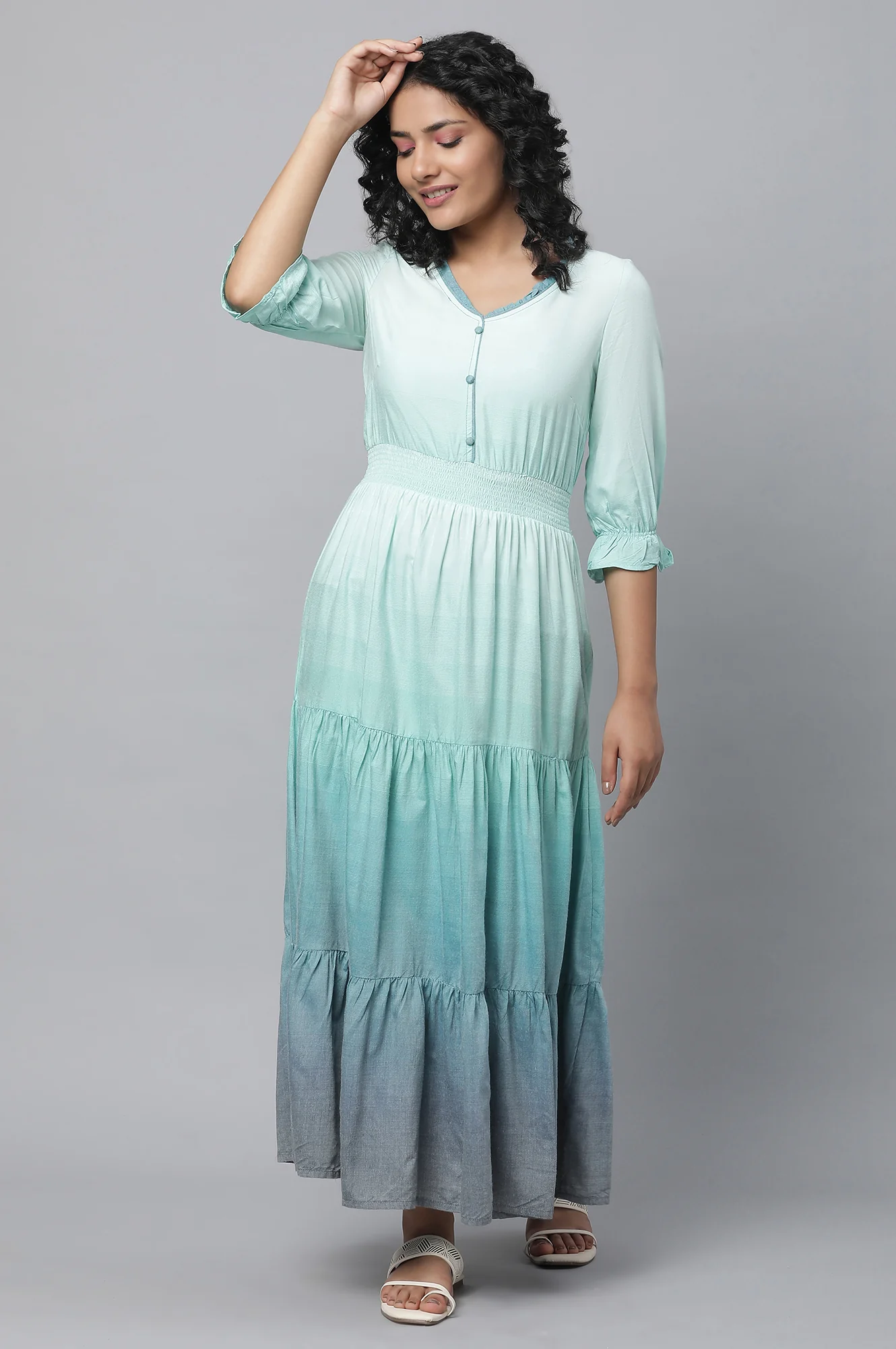 Blue Plus Size Dress With Smoking Detail - Image 5