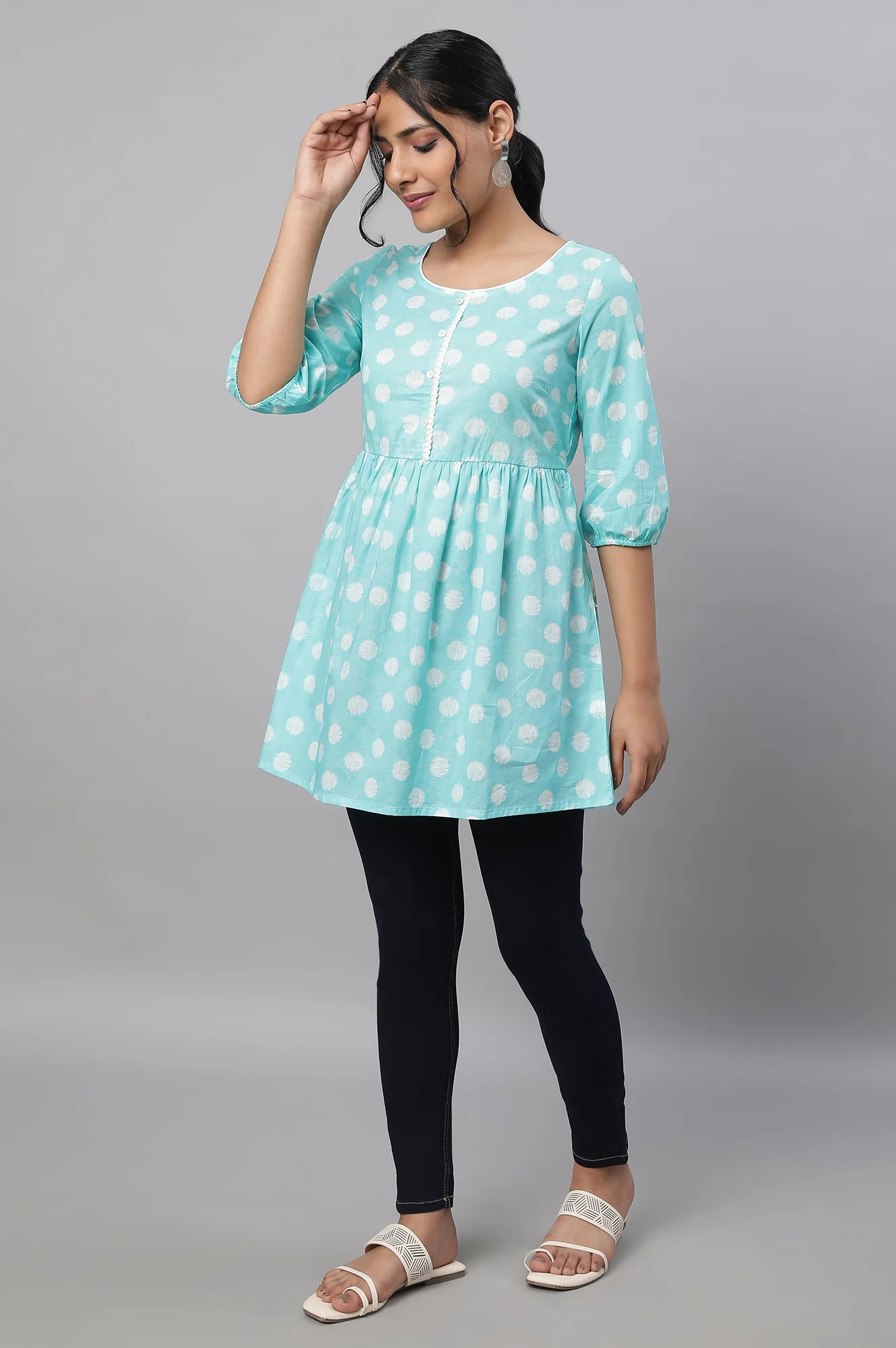Blue Polka Print kurta & Blue Denim Jeggings - Image 3