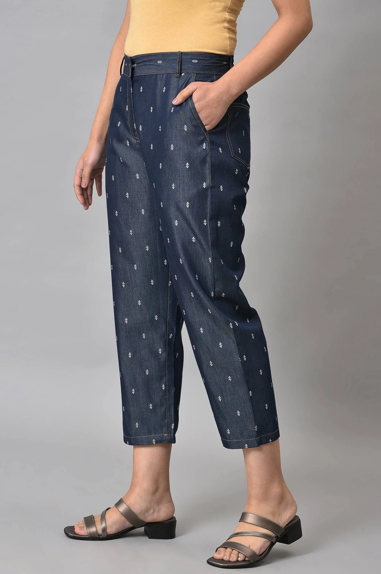 Navy Blue Geometric Printed Straight Fit Denim Pants With Elasticated Waistband - Image 3