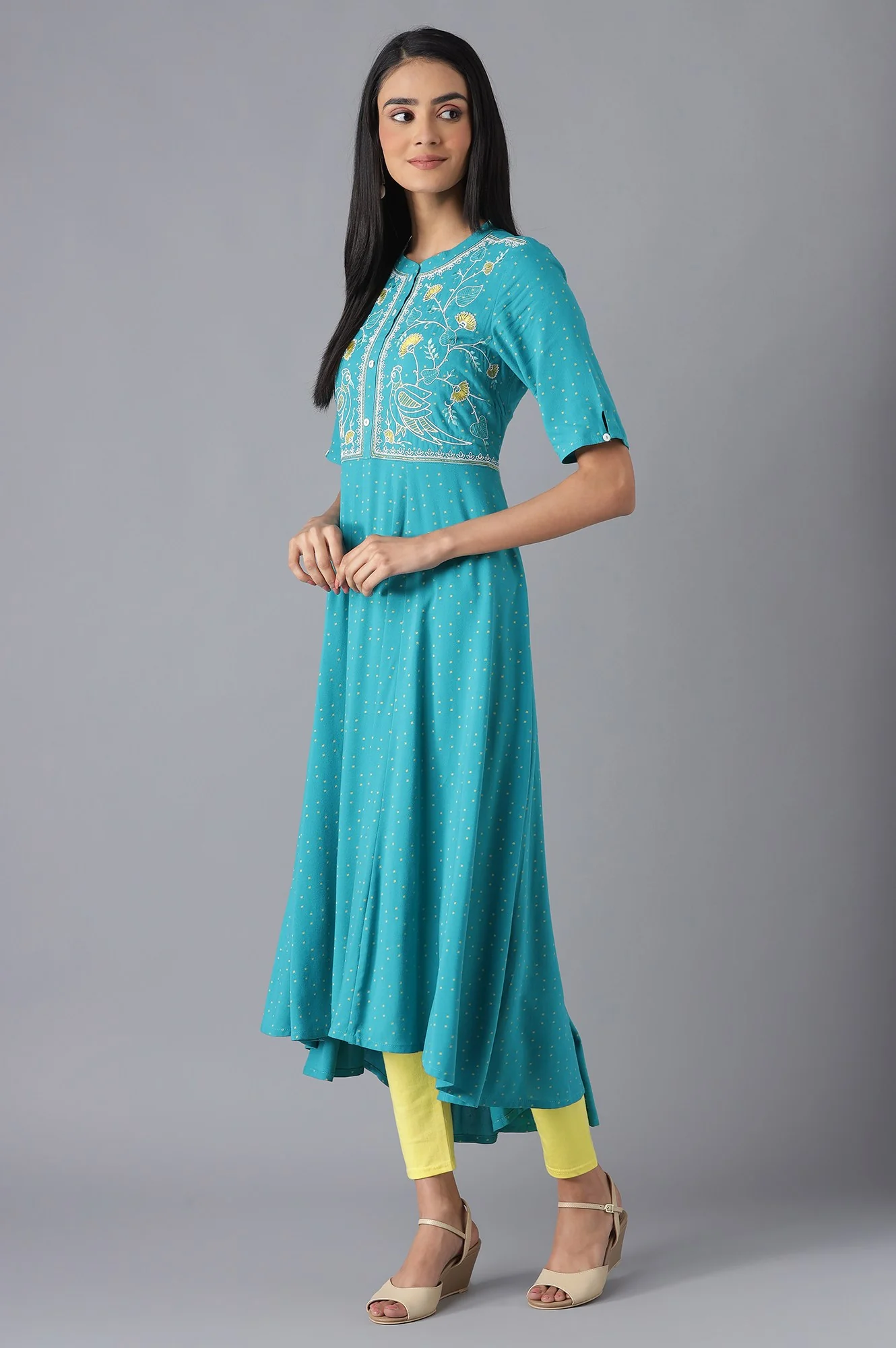 Blue Printed Dress, Tights and Dupatta Set - Image 3