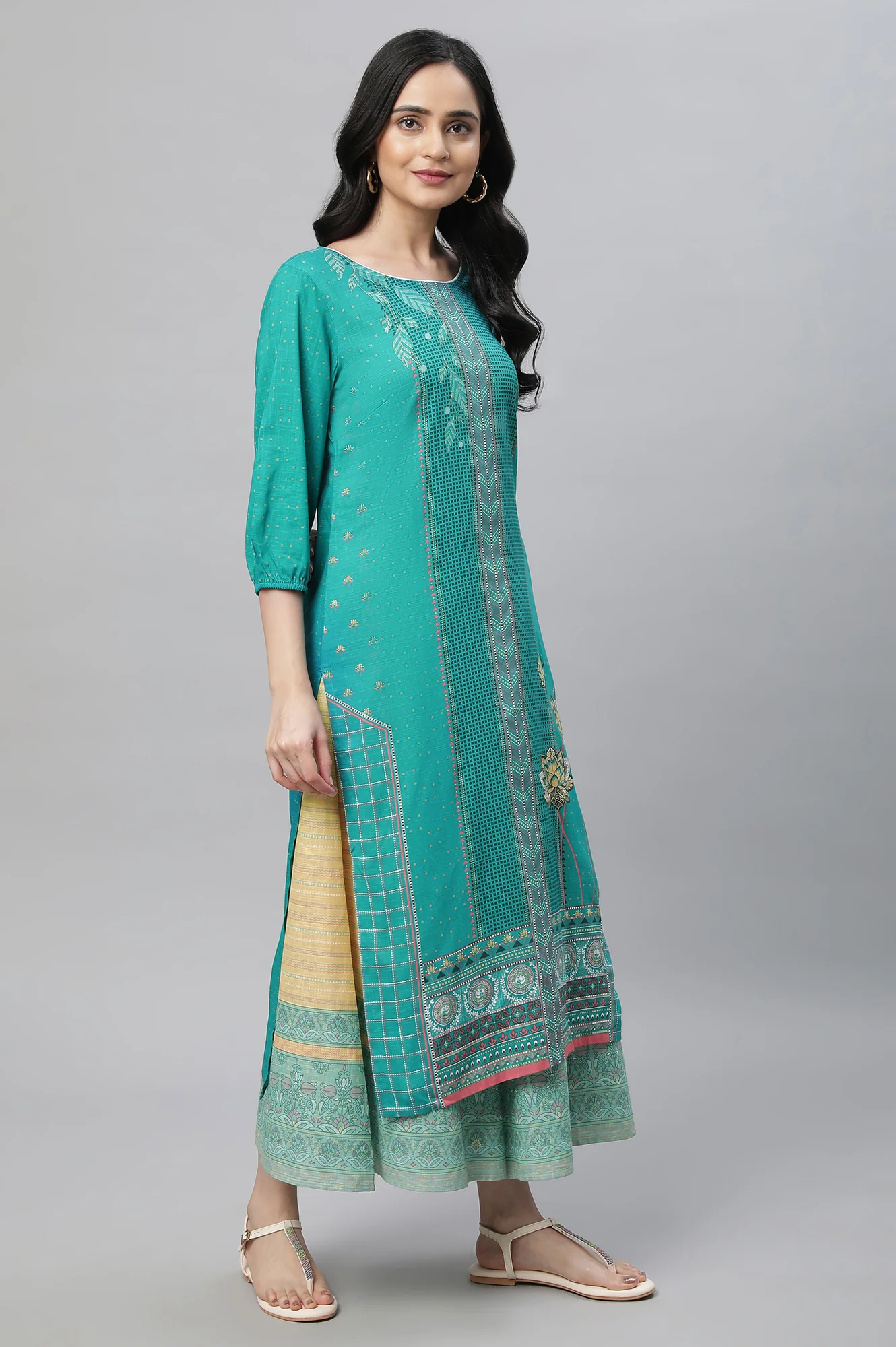 Blue Printed Kurta, Culottes & Dupatta Set - Image 3