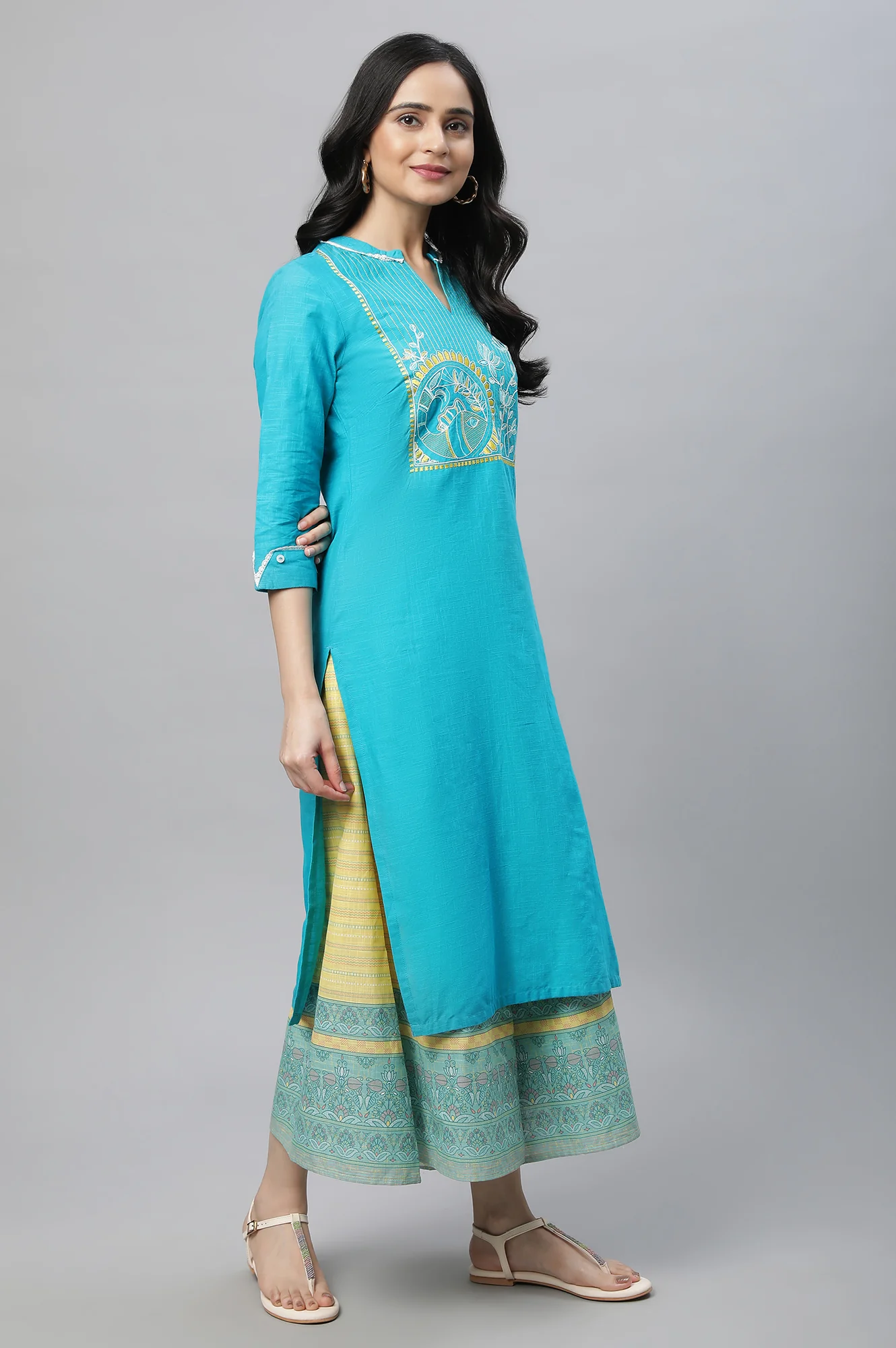 Blue Printed Kurta & Culottes Set - Image 3