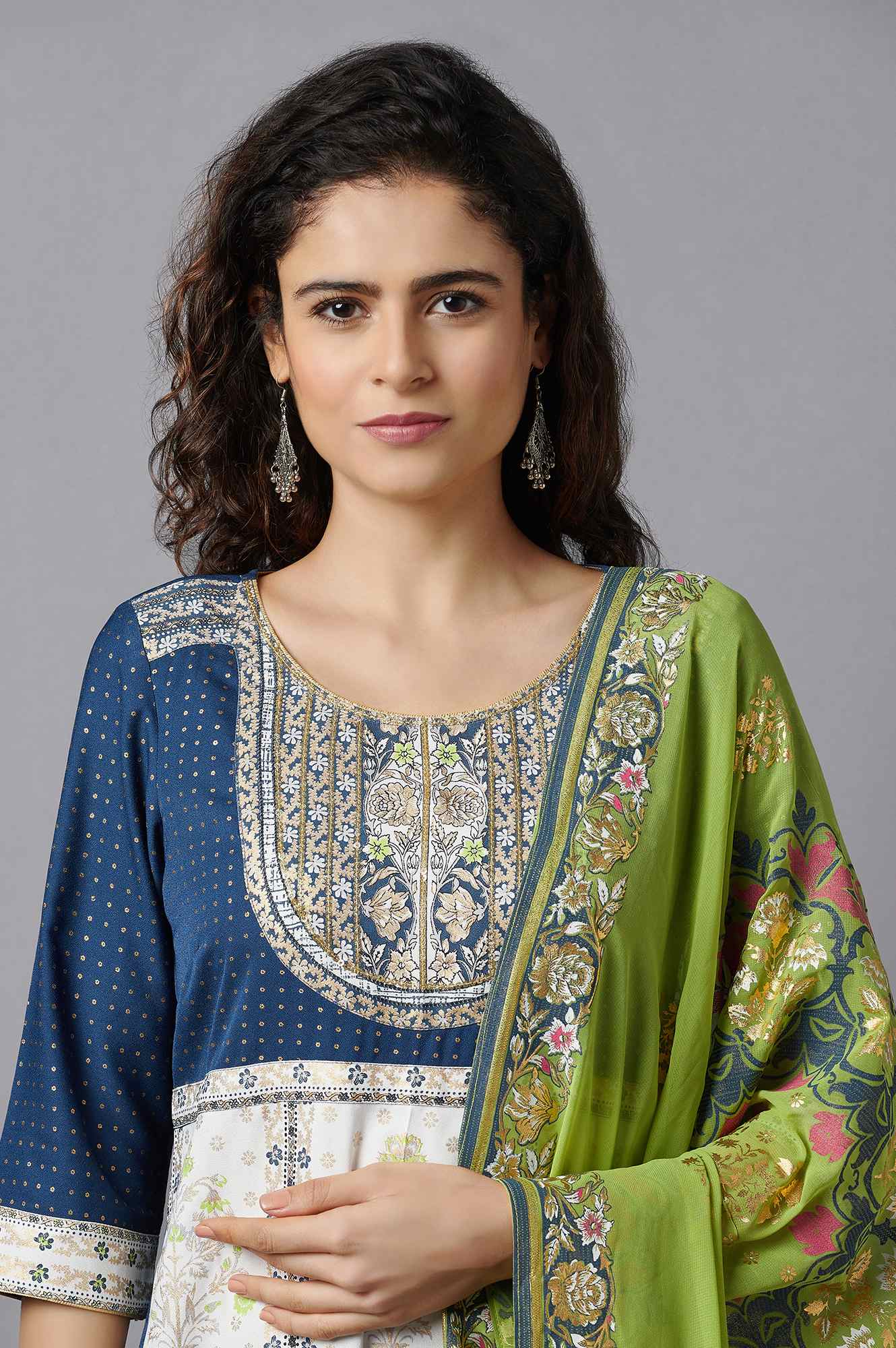 Blue Printed kurta, Skirt and Dupatta Set - Image 5