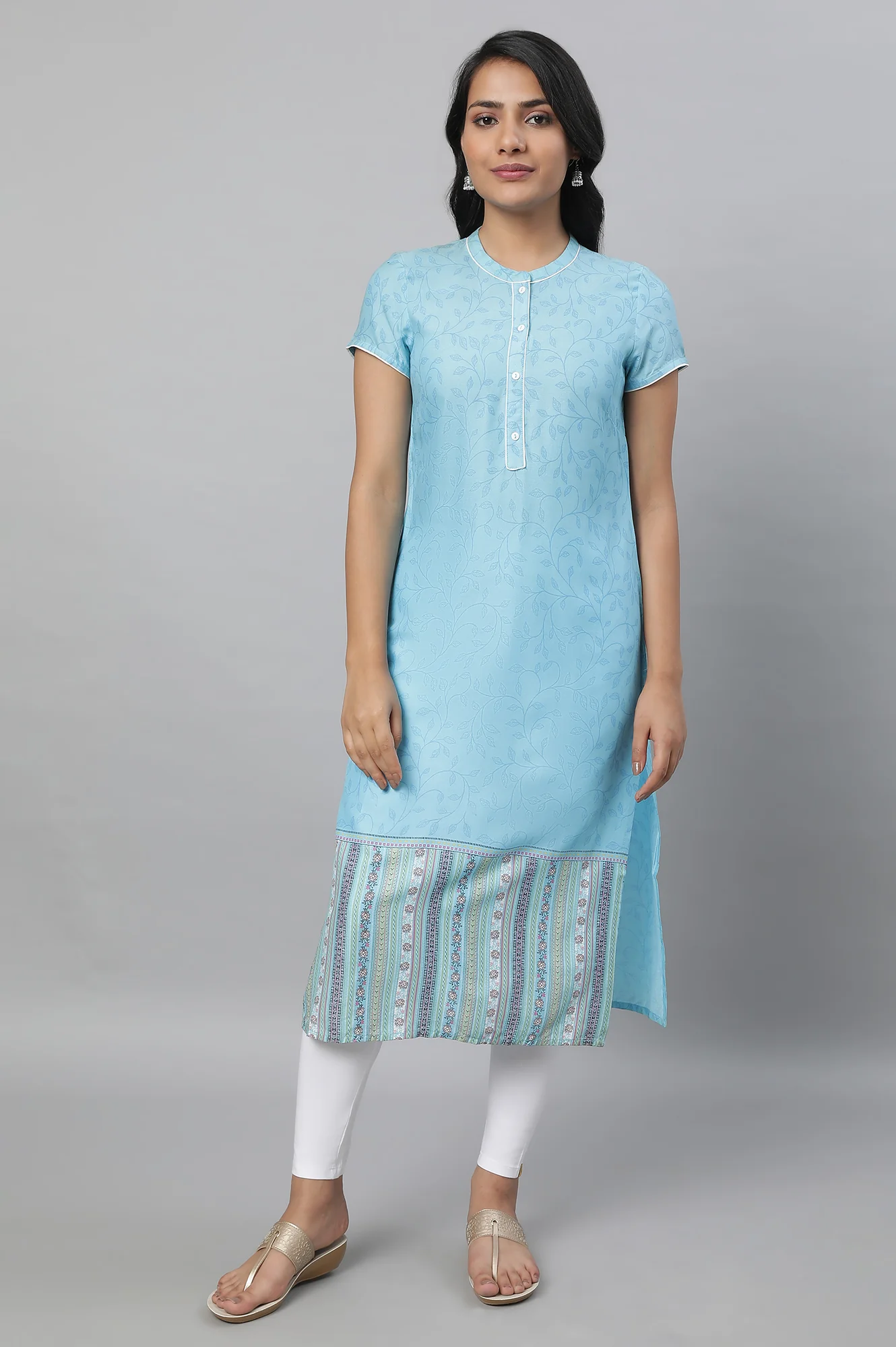 Blue Printed kurta with Tights Set