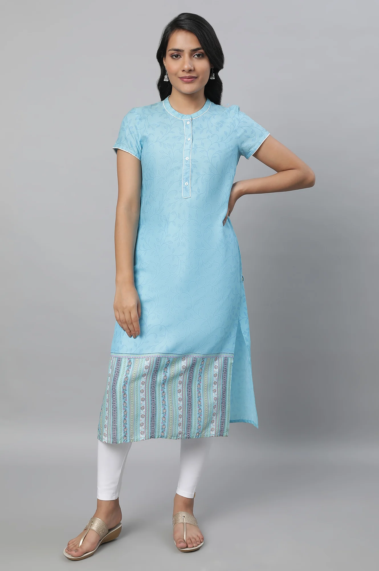 Blue Printed kurta with Tights Set - Image 5