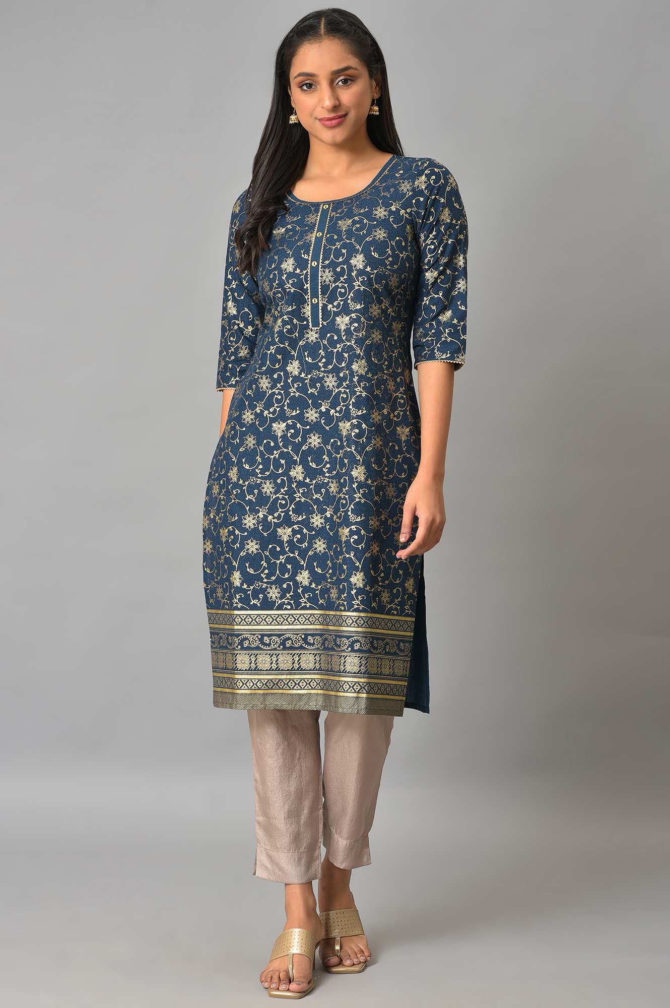 Blue Rayon kurta In Floral Foil Print - Image 6