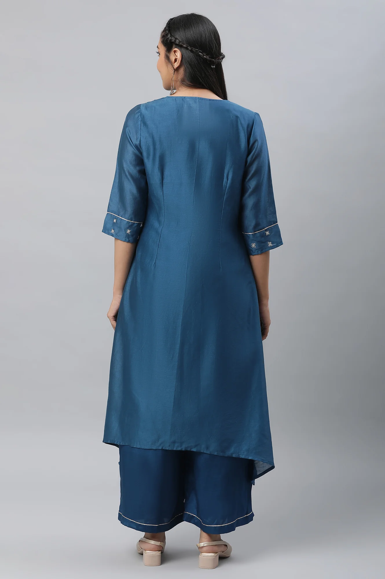 Blue Shantung Sequined Top, Sheer Gilet and Pants Set - Image 4