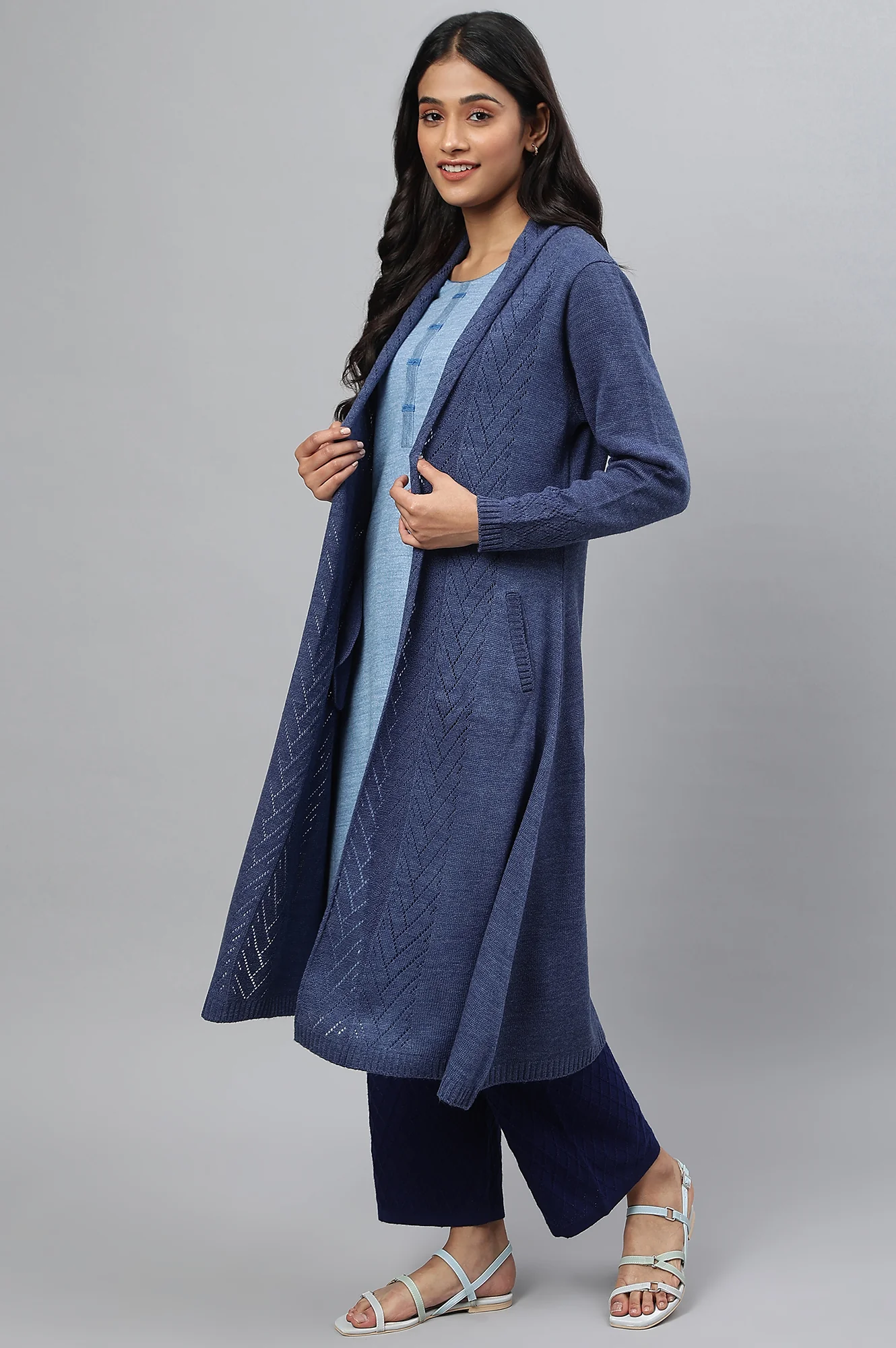 Blue Shawl Collar Front Open Cardigan - Image 3