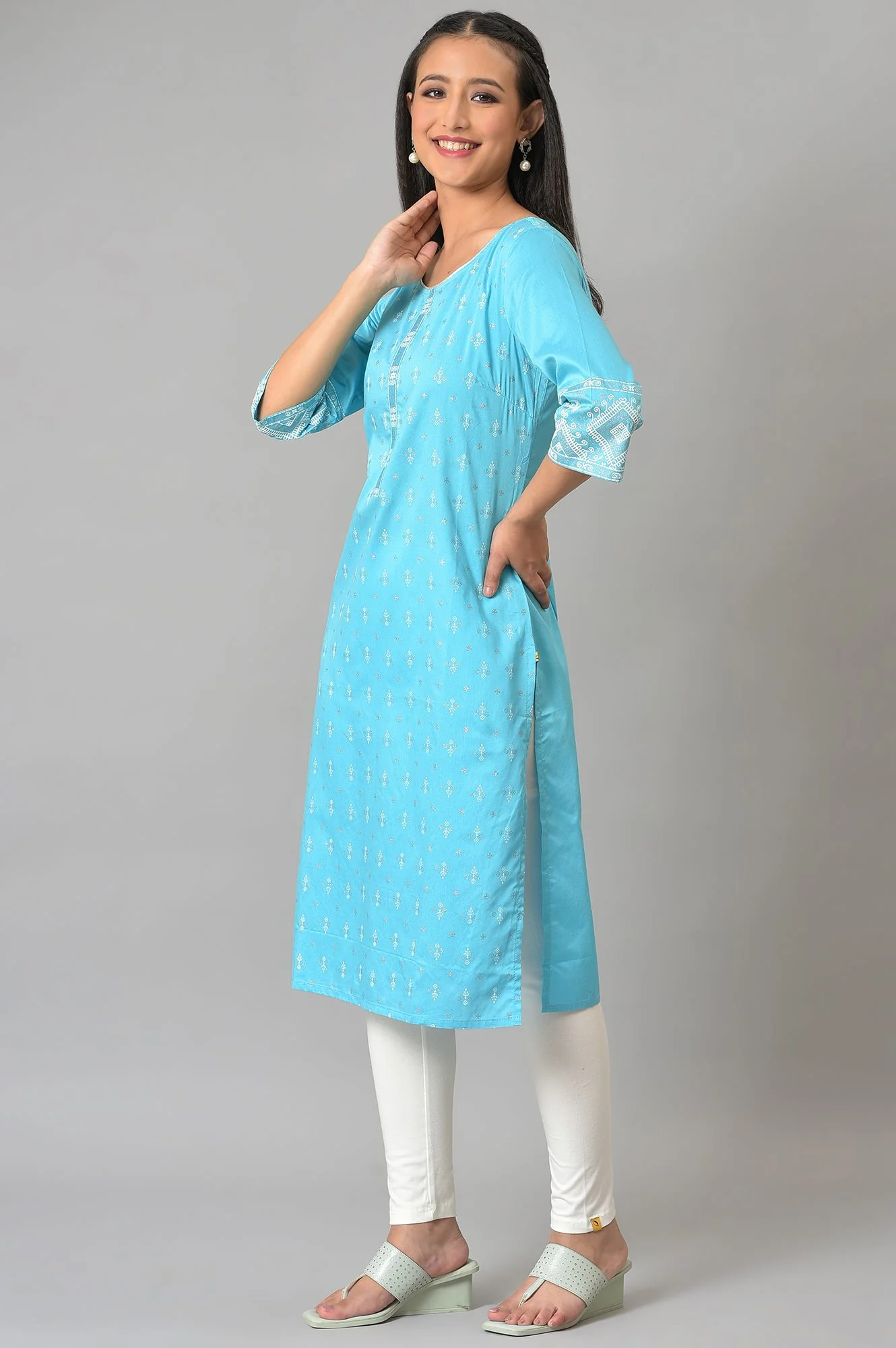 Blue Straight Casual kurta in Round Neck - Image 4