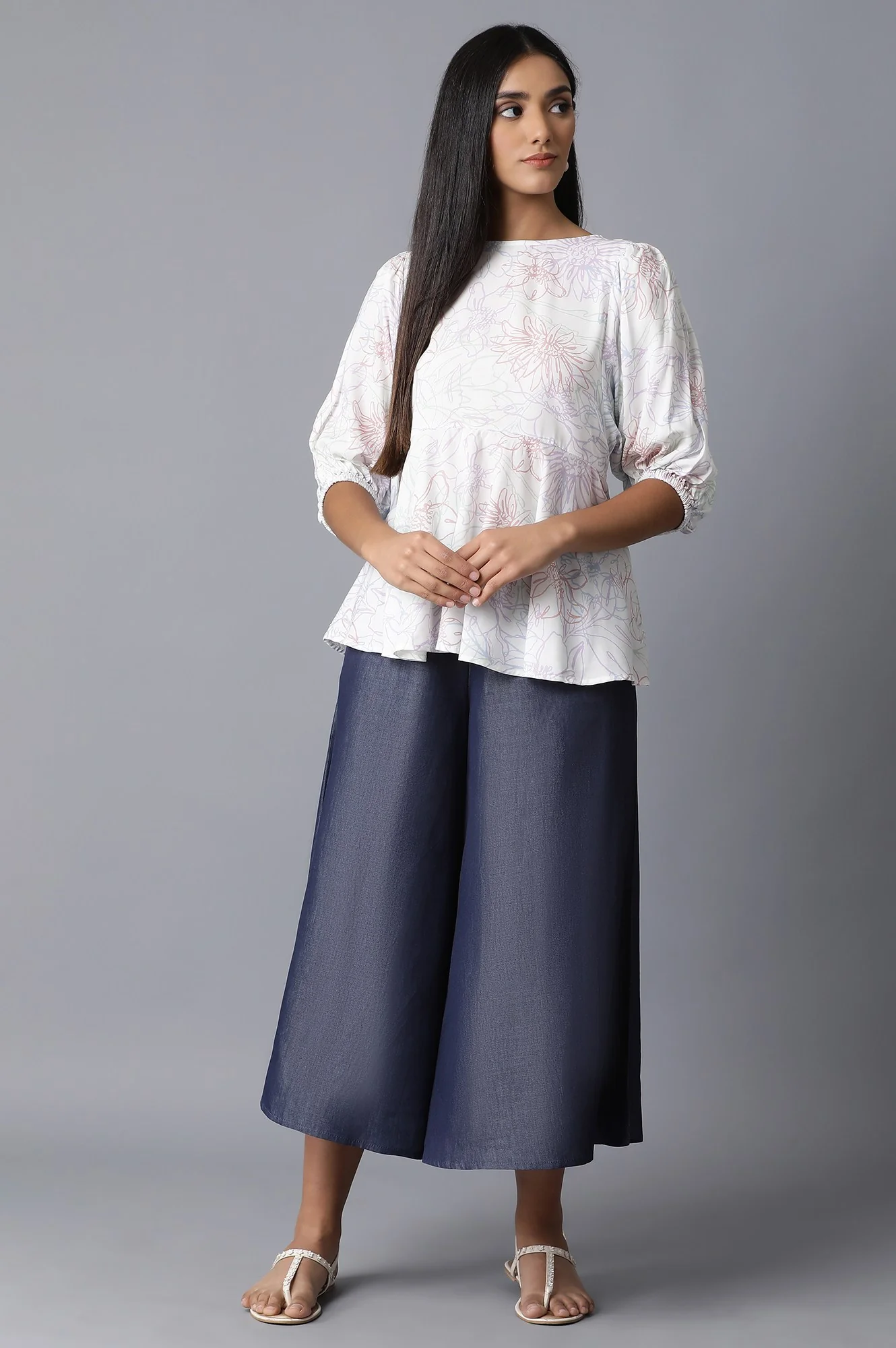 Navy Blue Solid Flared Cotton Culottes With Elasticated Waist - Image 5