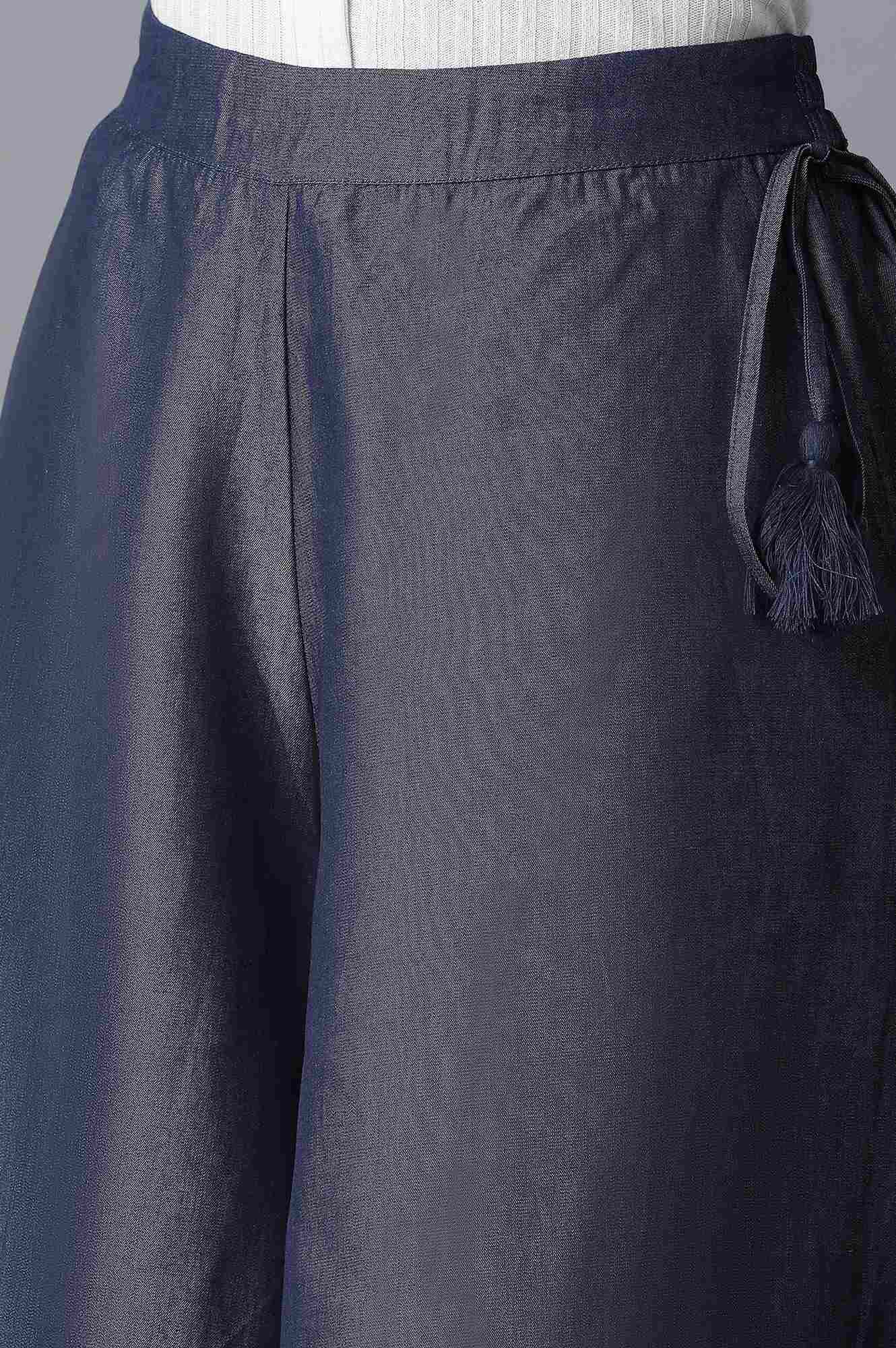 Navy Blue Solid Flared Cotton Culottes With Elasticated Waist - Image 6