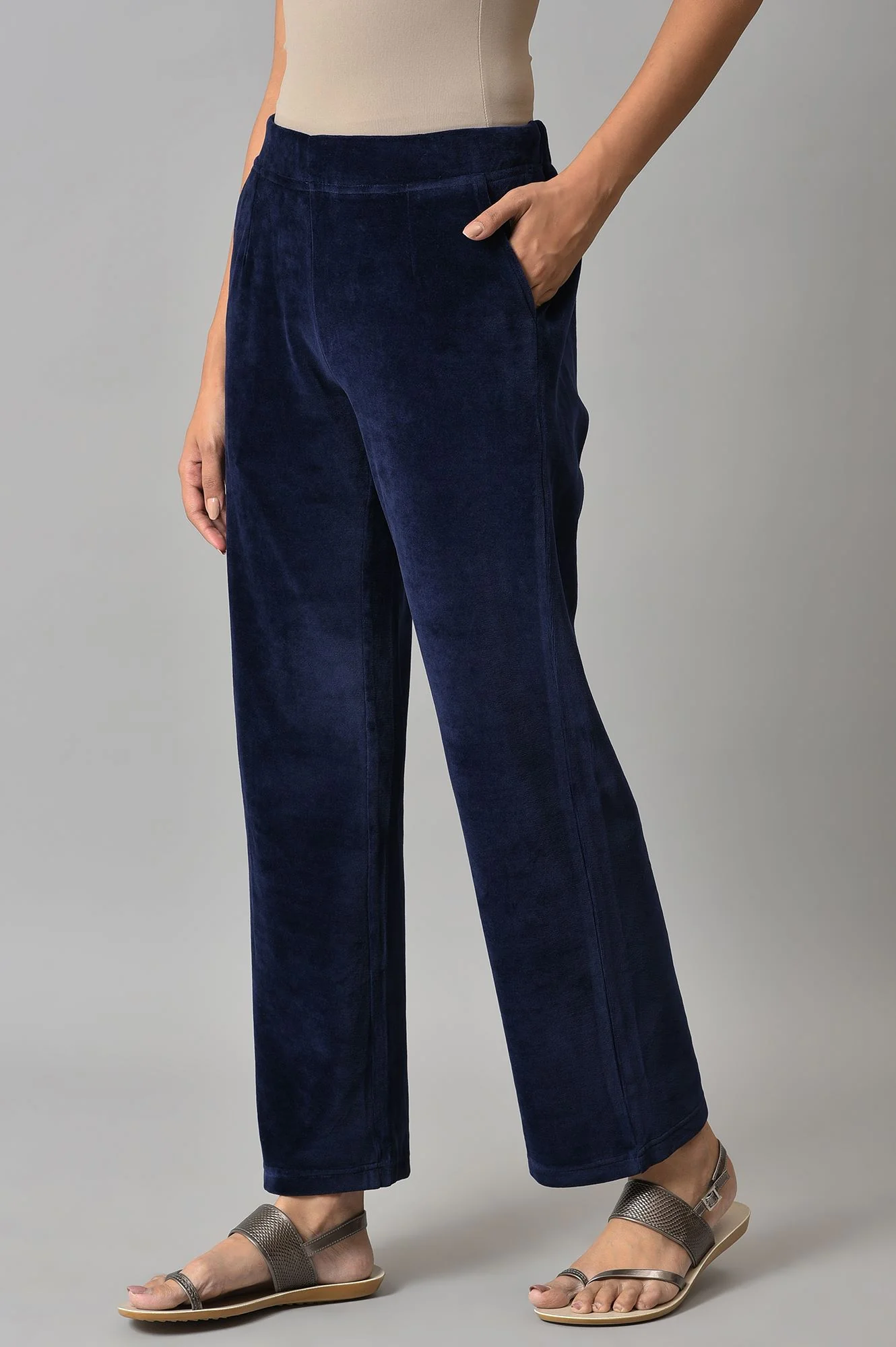 Navy Blue Solid Straight Fit Cotton Trousers With Elasticated Waist - Image 3
