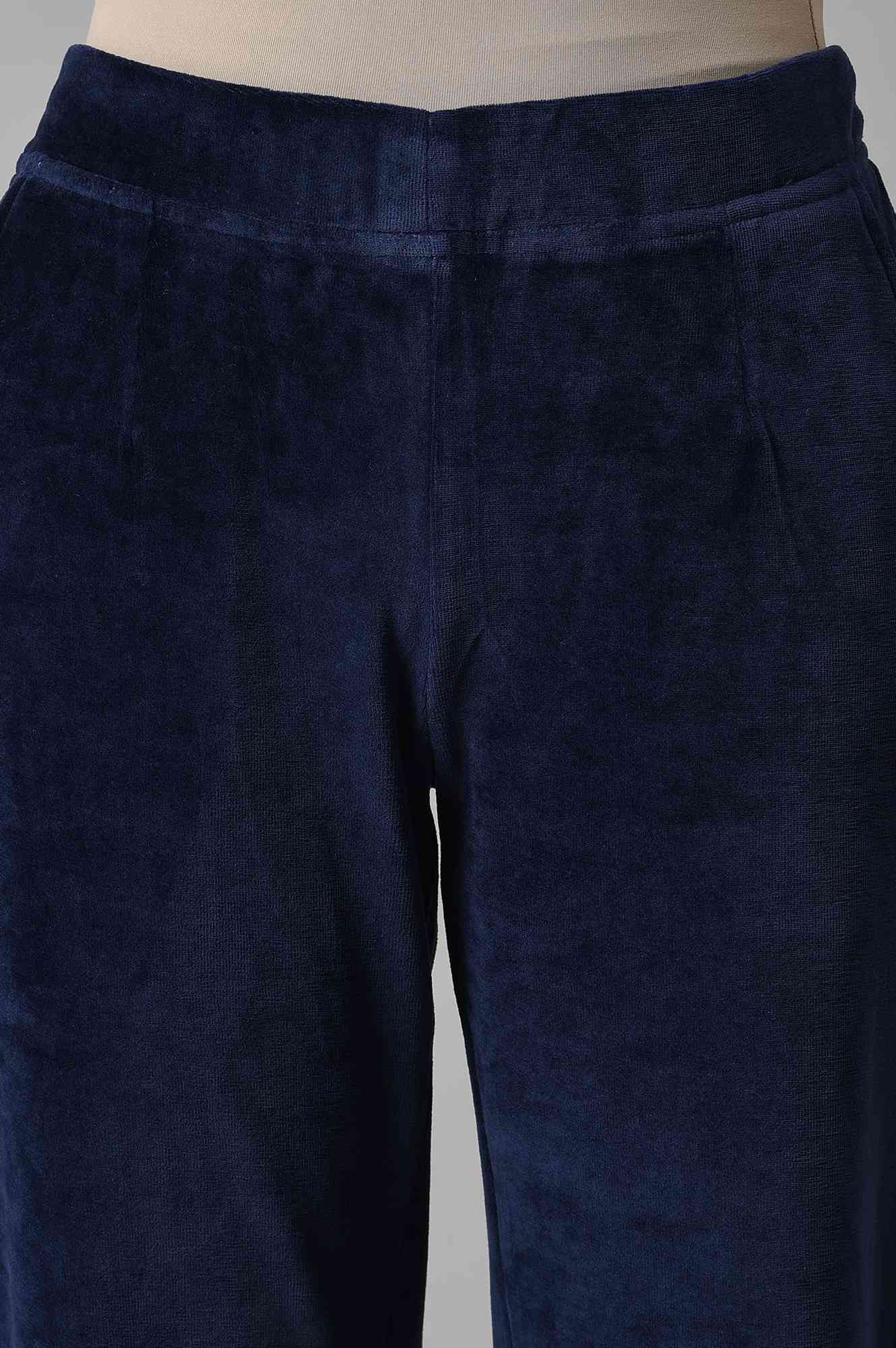 Navy Blue Solid Straight Fit Cotton Trousers With Elasticated Waist - Image 6