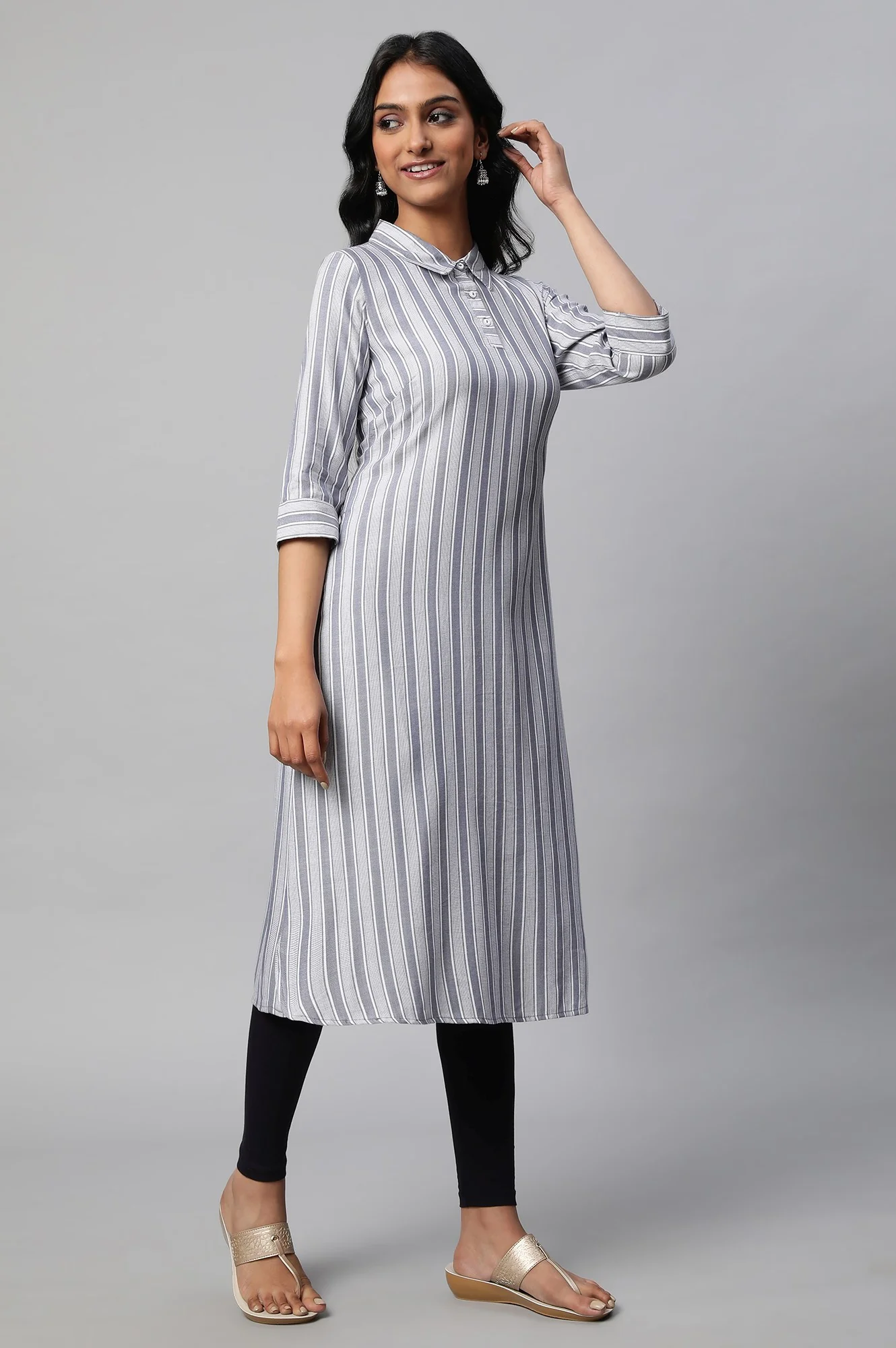 Blue Stripe Print Shirt Collar kurta Set - Image 5