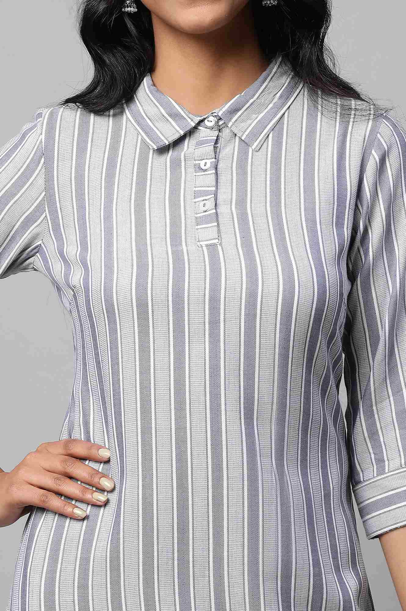 Blue Stripe Print Shirt Collar kurta Set - Image 6