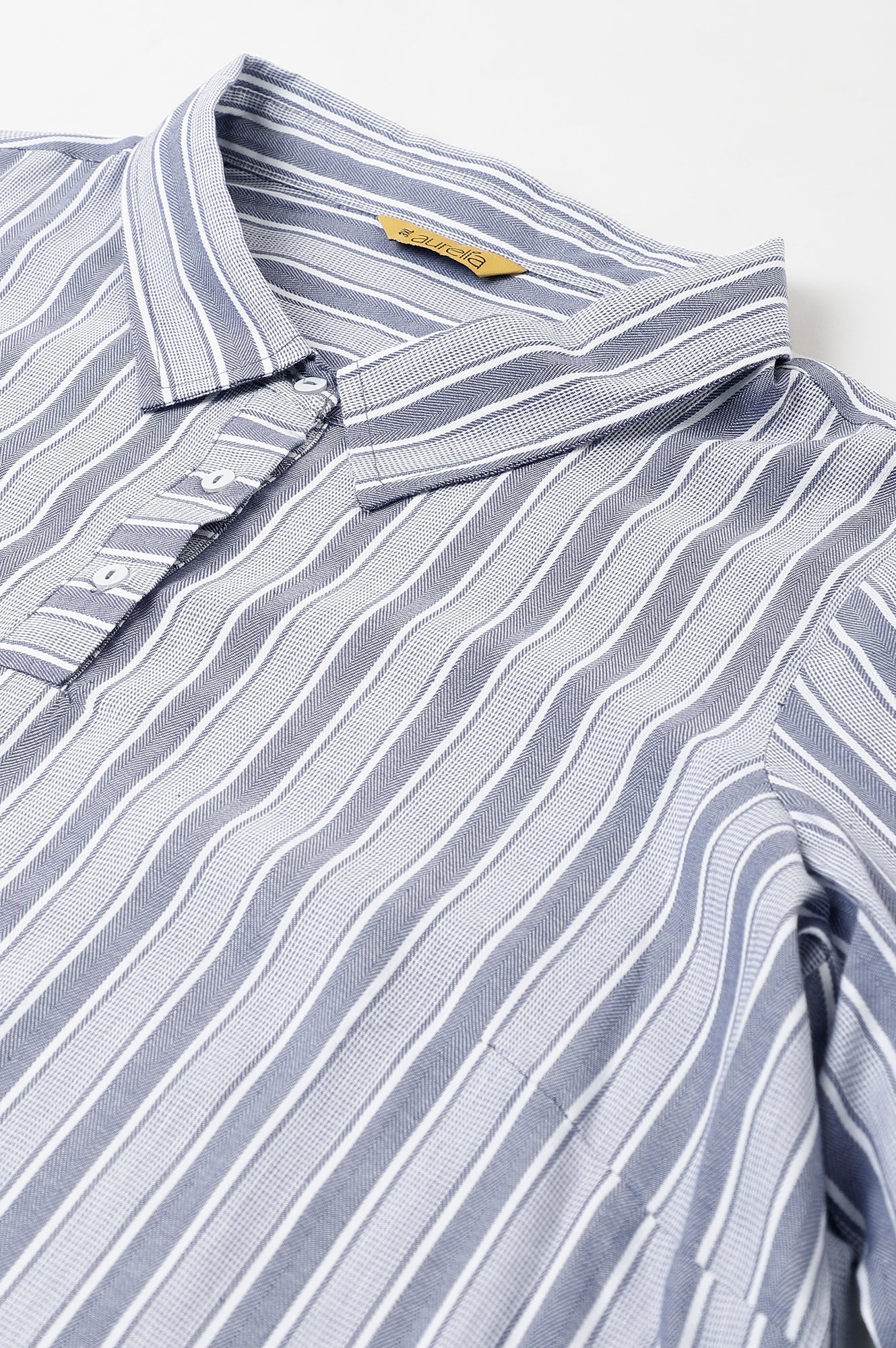 Blue Stripe Print Shirt Collar Plus Size kurta - Image 7