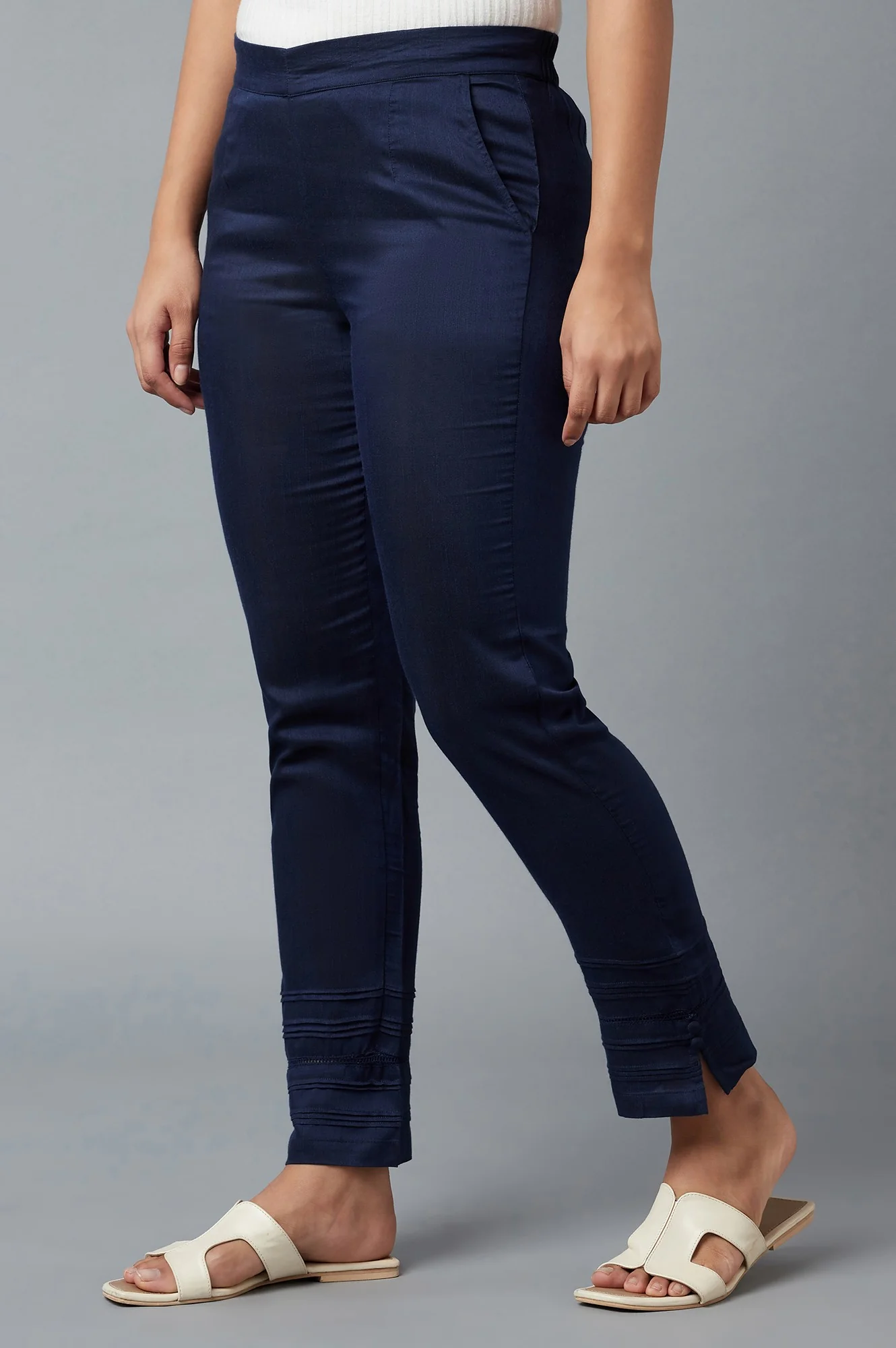Navy Blue Solid Straight Fit Trousers With Elasticated Waist - Image 3