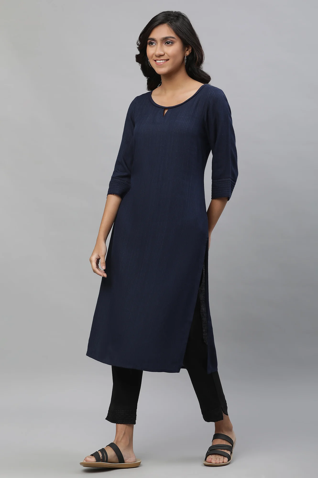Blue Yarn Dyed Straight Kurta - Image 4