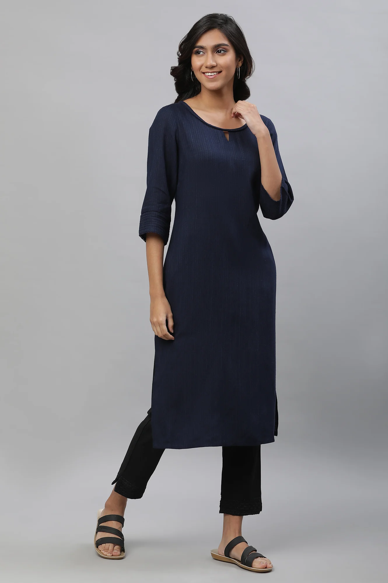 Blue Yarn Dyed Straight Kurta - Image 6