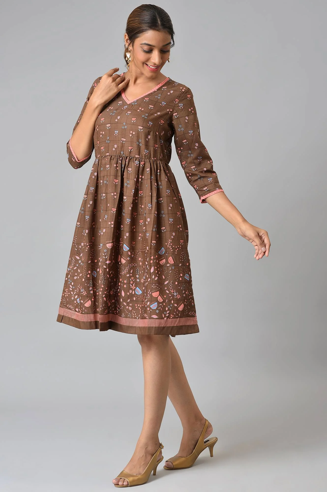Brown Floral Printed Flared Dress - Image 2