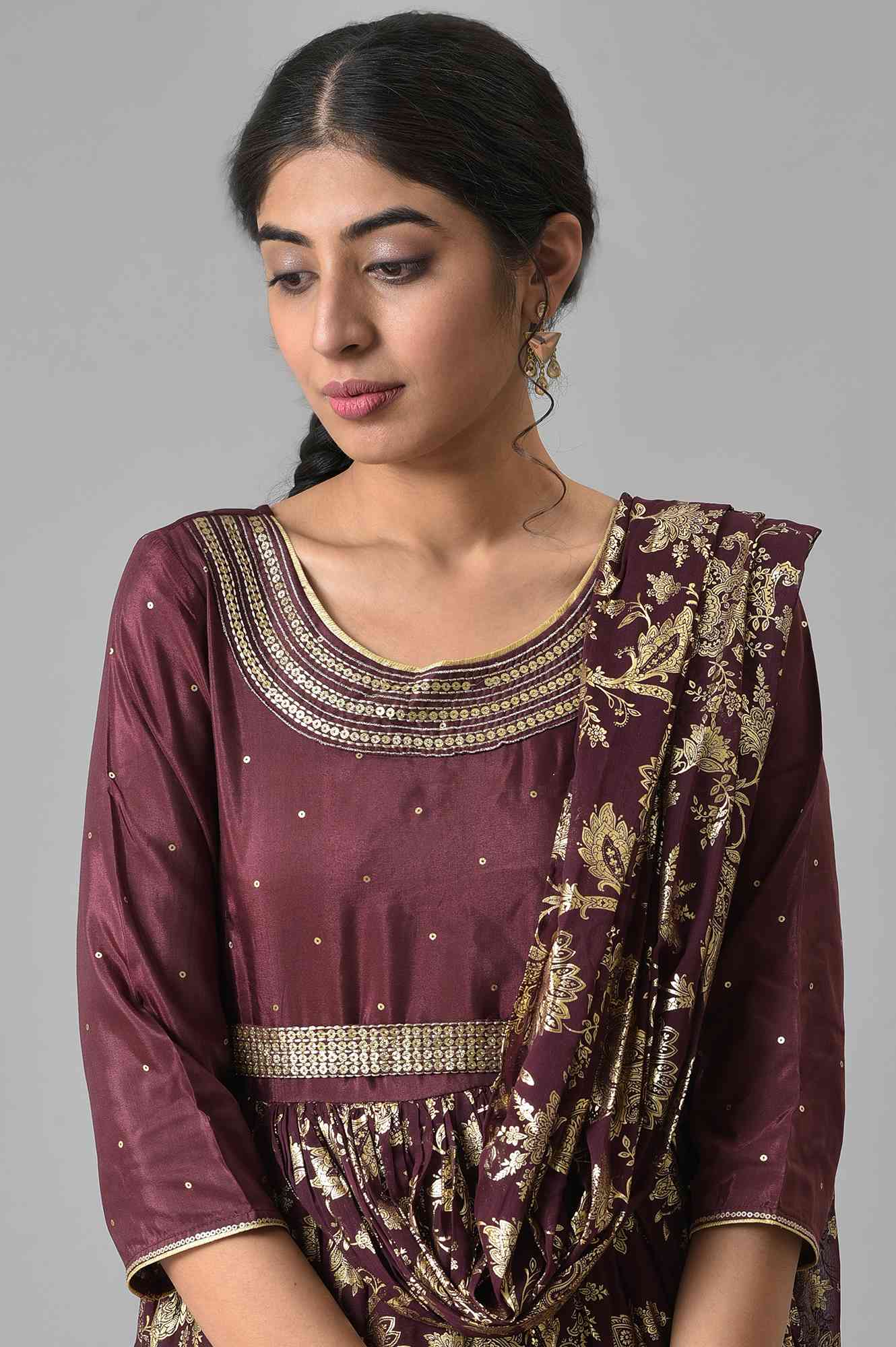 Brown Poly Shantung Printed Saree Dress - Image 6