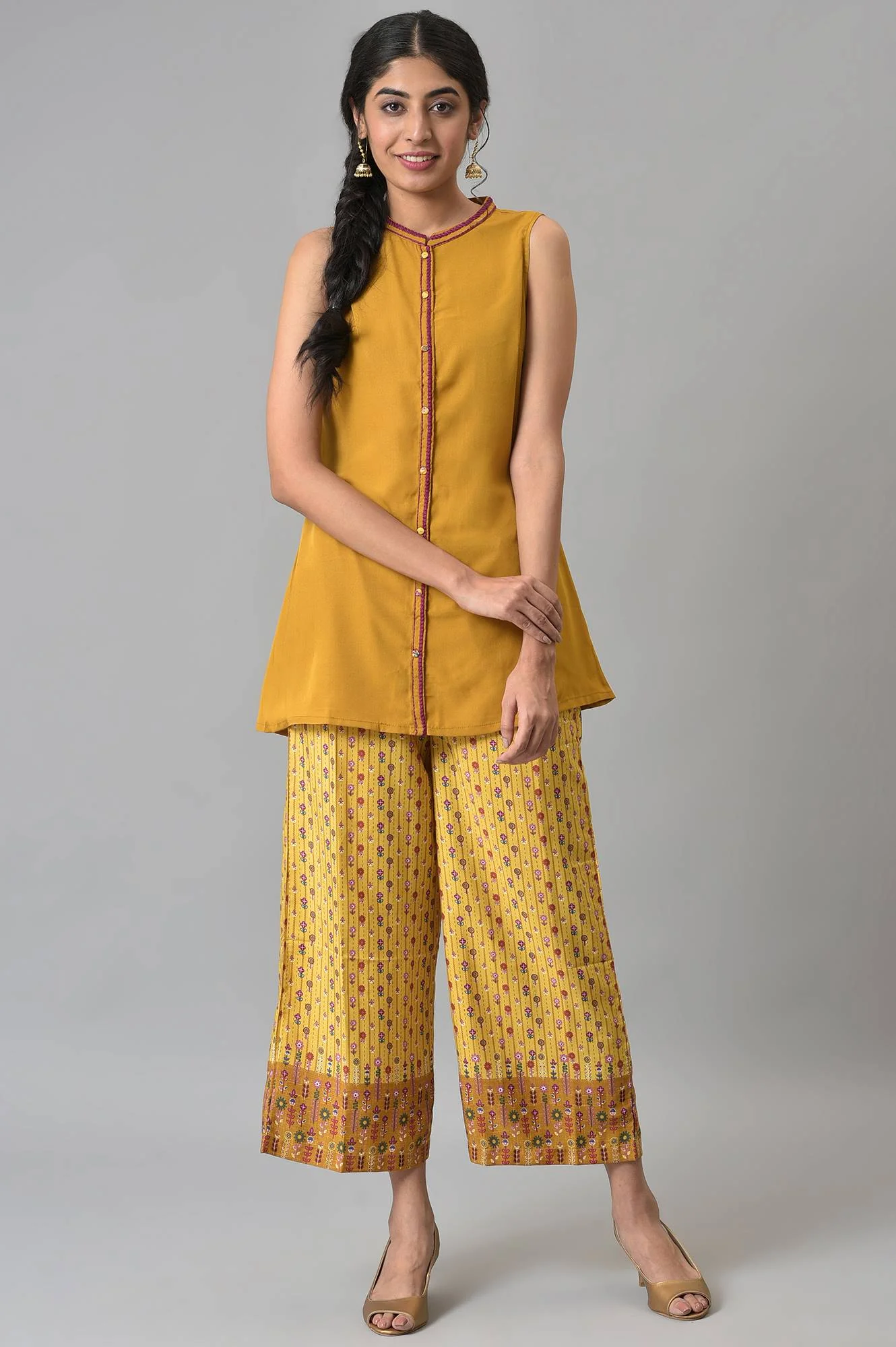 Brown Sleeveless Short kurta With Printed Palazzo - Image 7