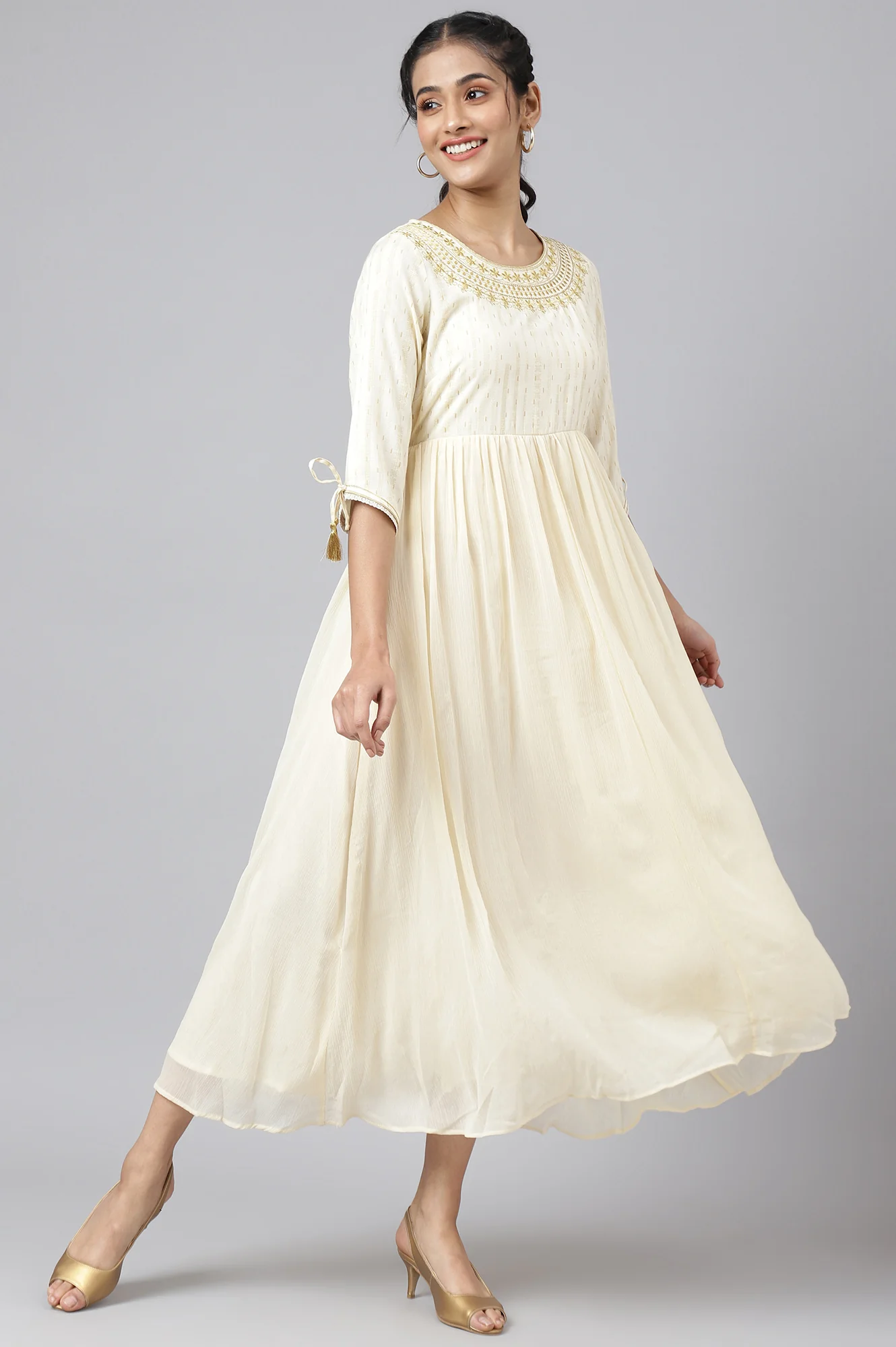 Cream Chiffon Dress with Gold Embroidery - Image 5