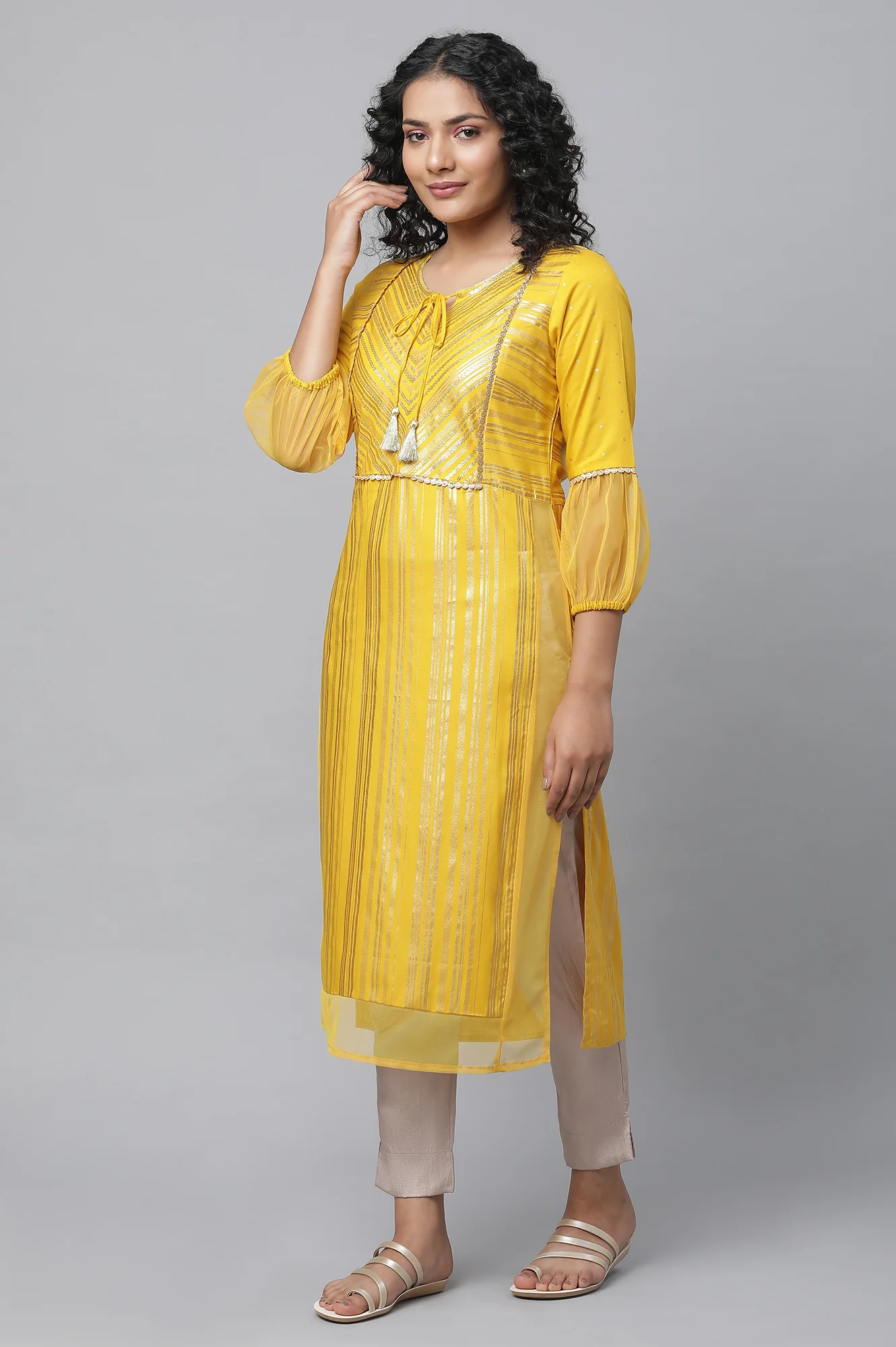 Gold Solid Straight Fit Satin Pants With Elasticated Waist - Image 5