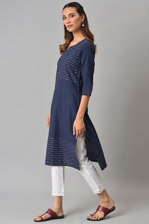 Dark Blue Cotton Dobby kurta With White Trousers - Image 3