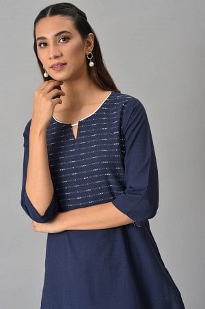 Dark Blue Cotton Dobby kurta With White Trousers - Image 5