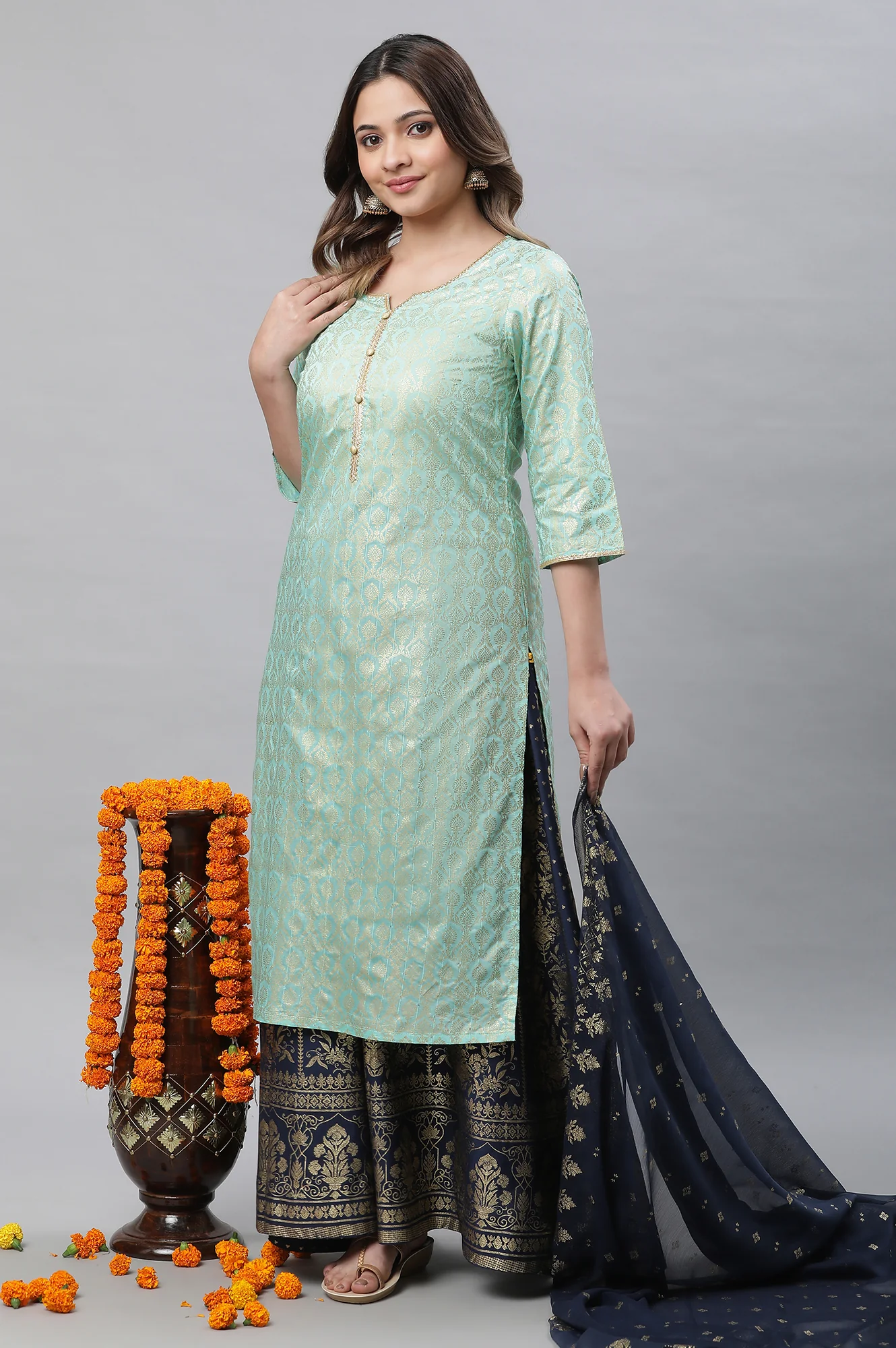 Dark Blue Printed Flared Skirt - Image 5