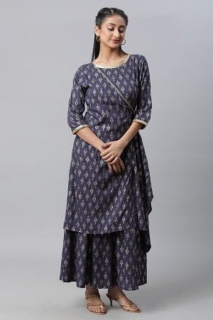 Dark Grey Foil Printed Angrakha Jumpsuit - Image 5
