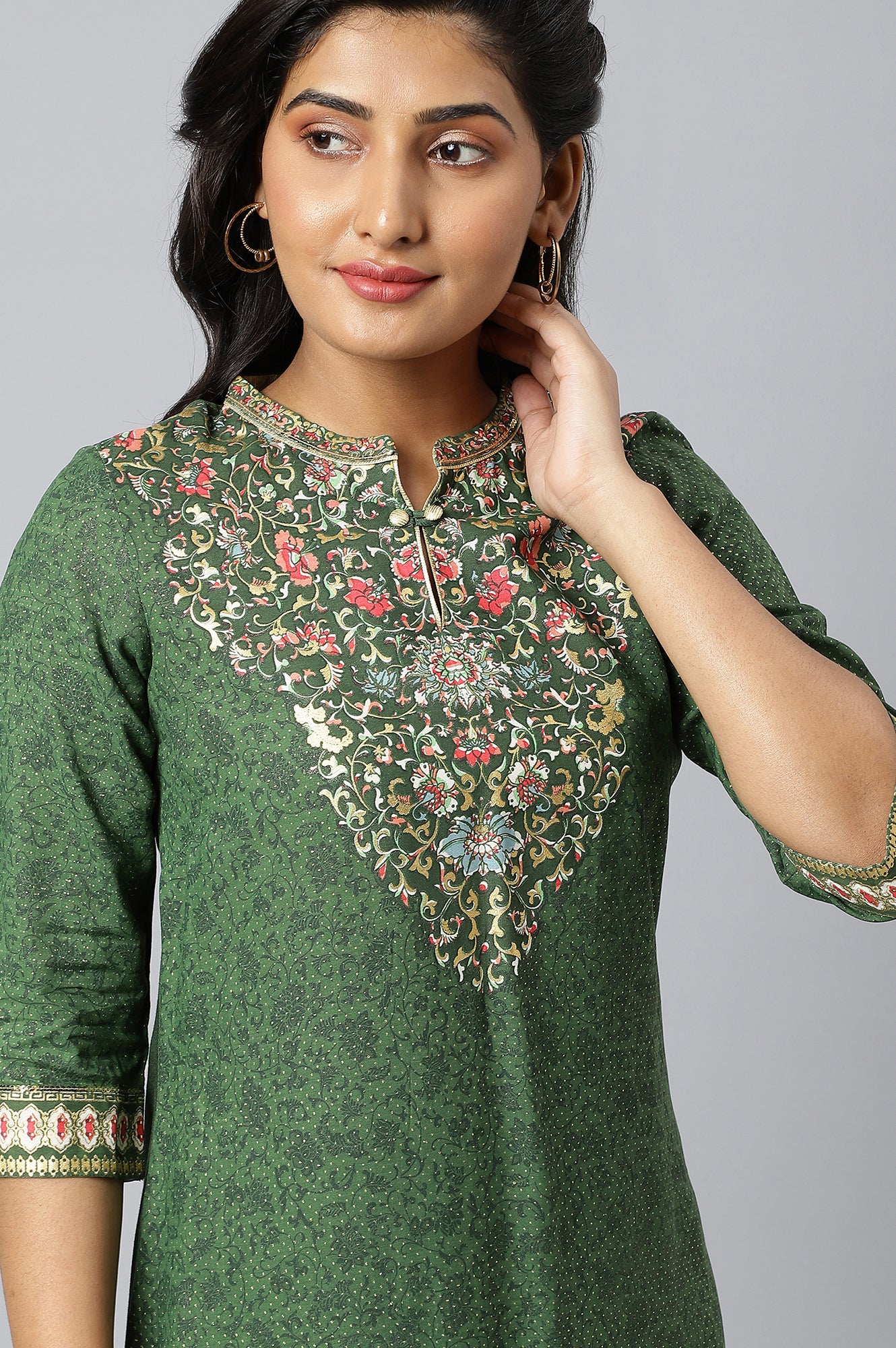 Dark Olive Foil Printed Rayon LIVA kurta - Image 9