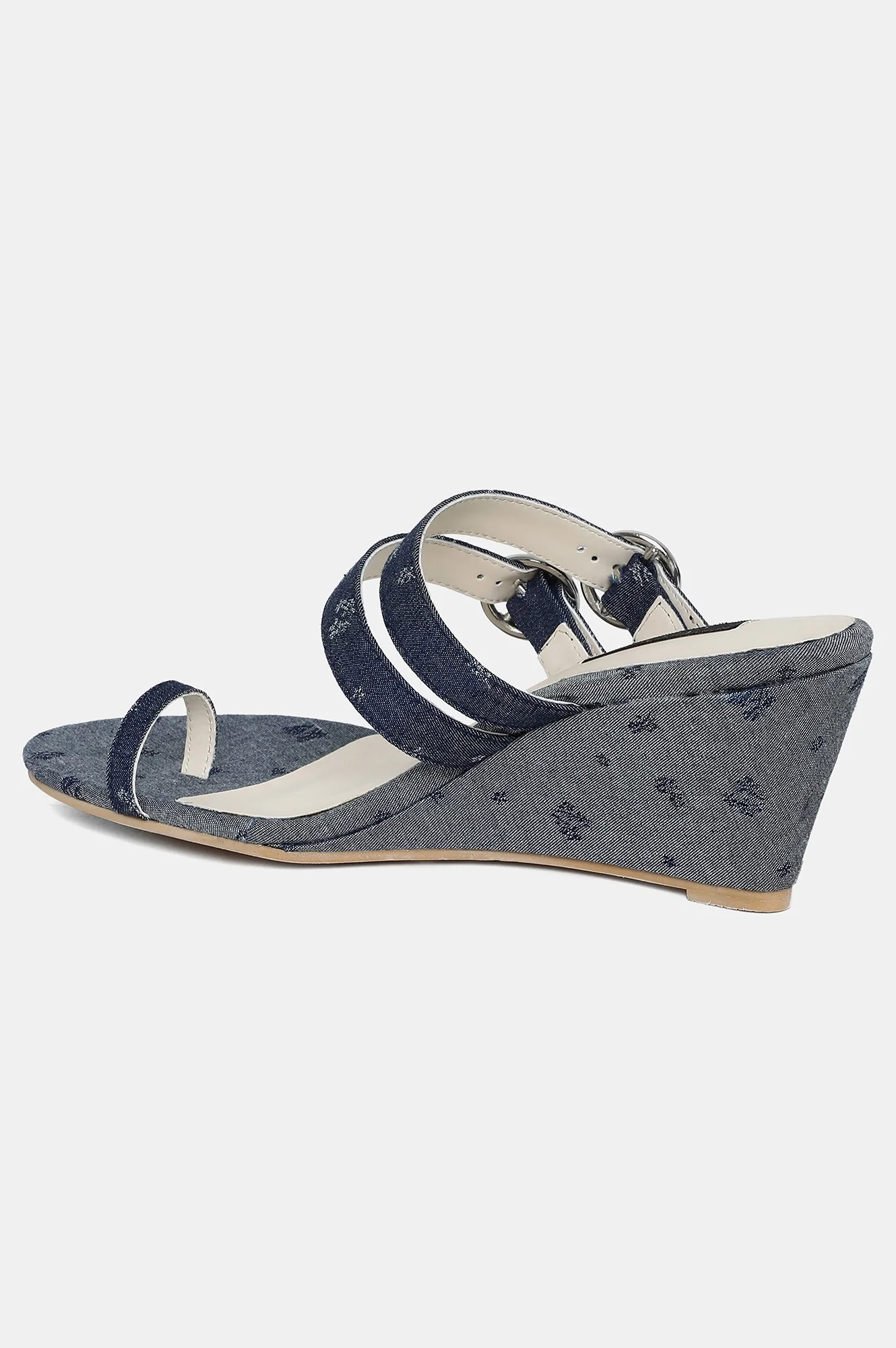 Denim Blue Almond Toe Floral Print Wedge-ZJanet - Image 2