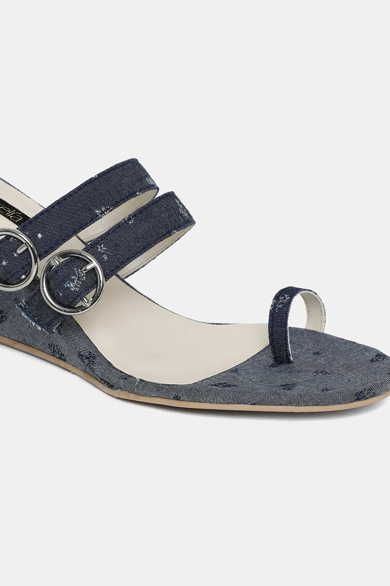 Denim Blue Almond Toe Floral Print Wedge-ZJanet - Image 5